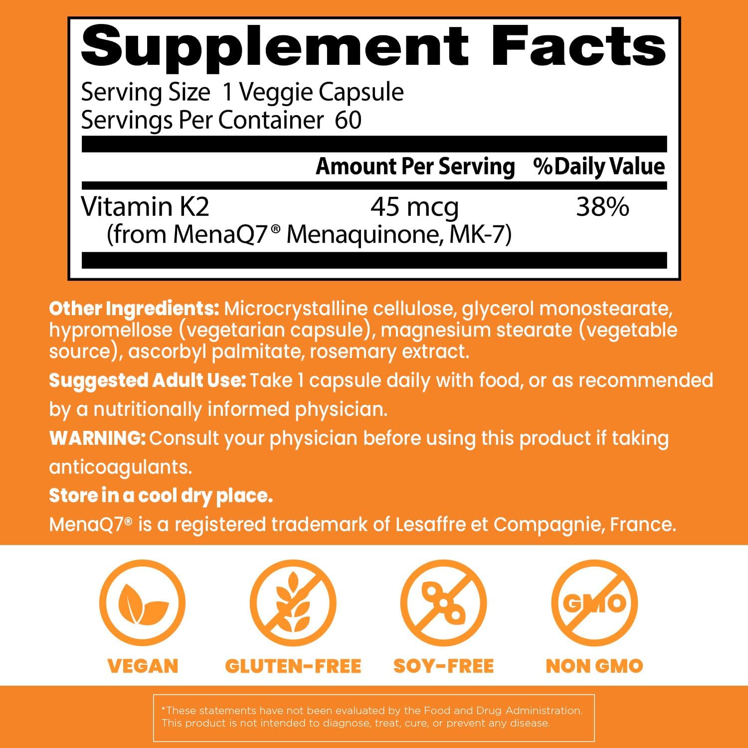 Doctor's Best Natural Vitamin K2 MK7 Supplement for Men & Women - Bone Health Support, 45 mcg Vitamin K-2 MK-7 Capsules with MenaQ7, Calcium Support, Non GMO, Vegan - 60 Veg Caps - Image 3