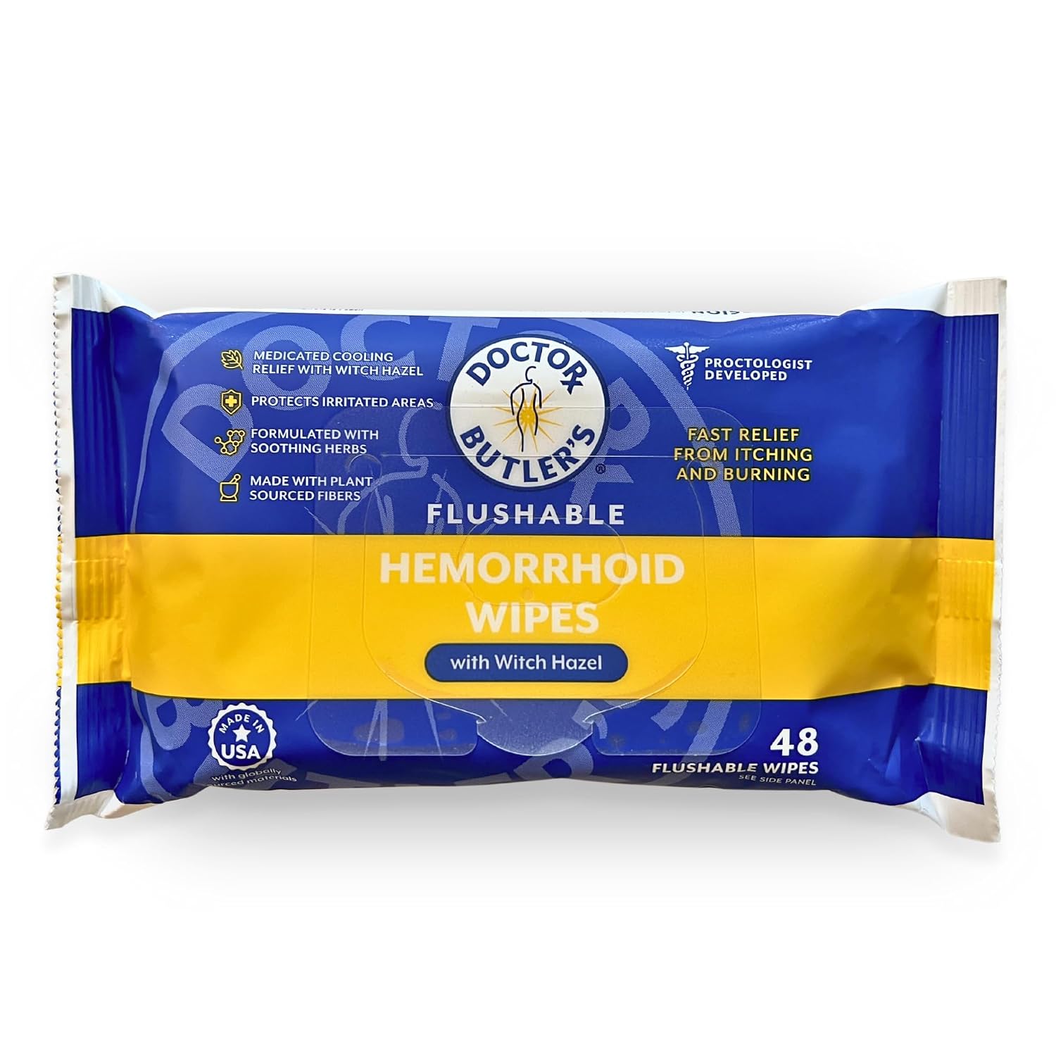 Doctor Butler's Flushable Hemorrhoid Wipes - Flushable Wipes or Moist Compress with Organic Witch Hazel to Soothe and Bring Relief From Discomfort Associated with Hemorrhoids (48 Count)