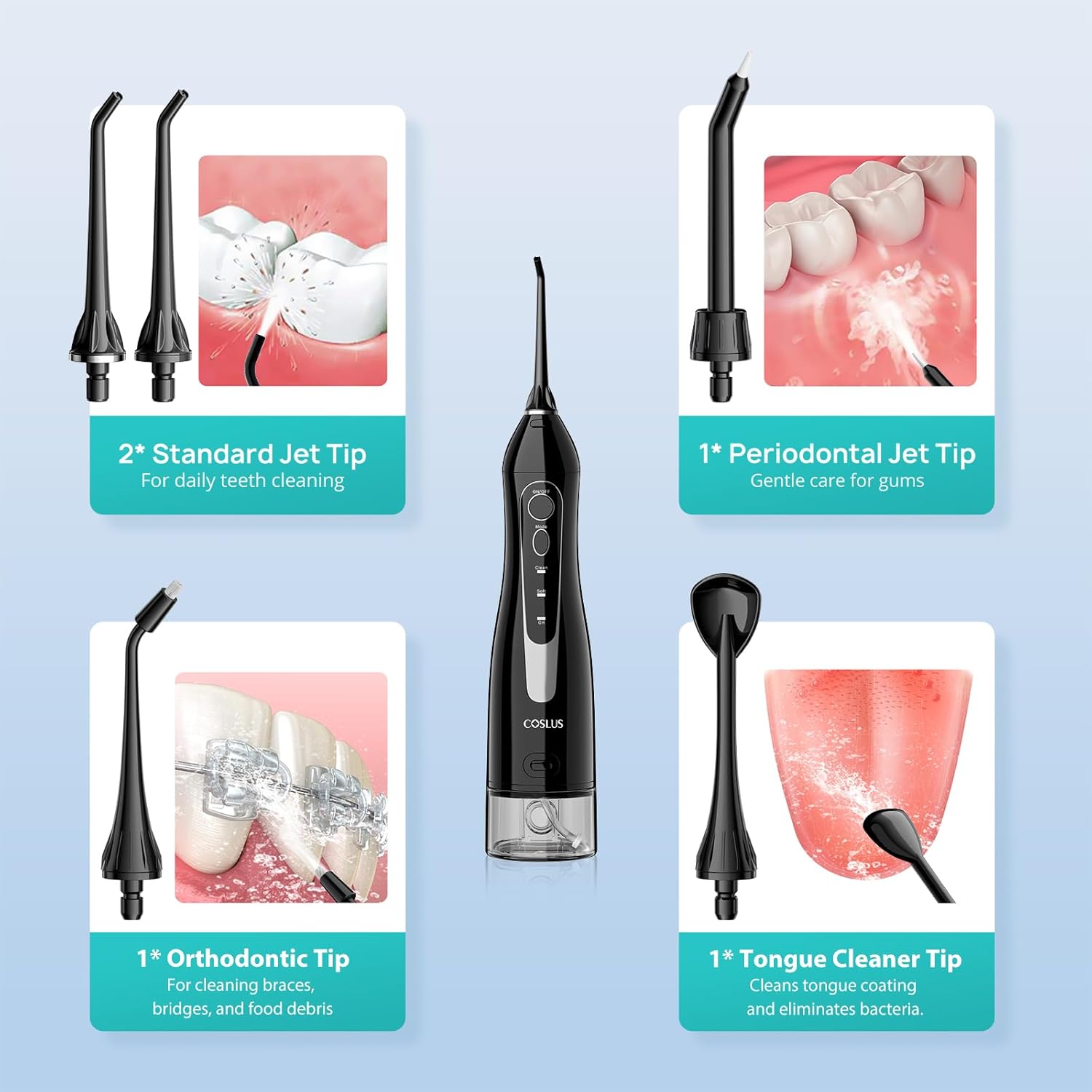 COSLUS ADA Accepted C20 Water Dental Flosser Teeth Pick, 300ML Larger Tank | Portable Rechargeable Oral Irrigator for Orthodontic & Sensitive Gums, Cordless for Travel, Family, Professional Set, Black - Image 9