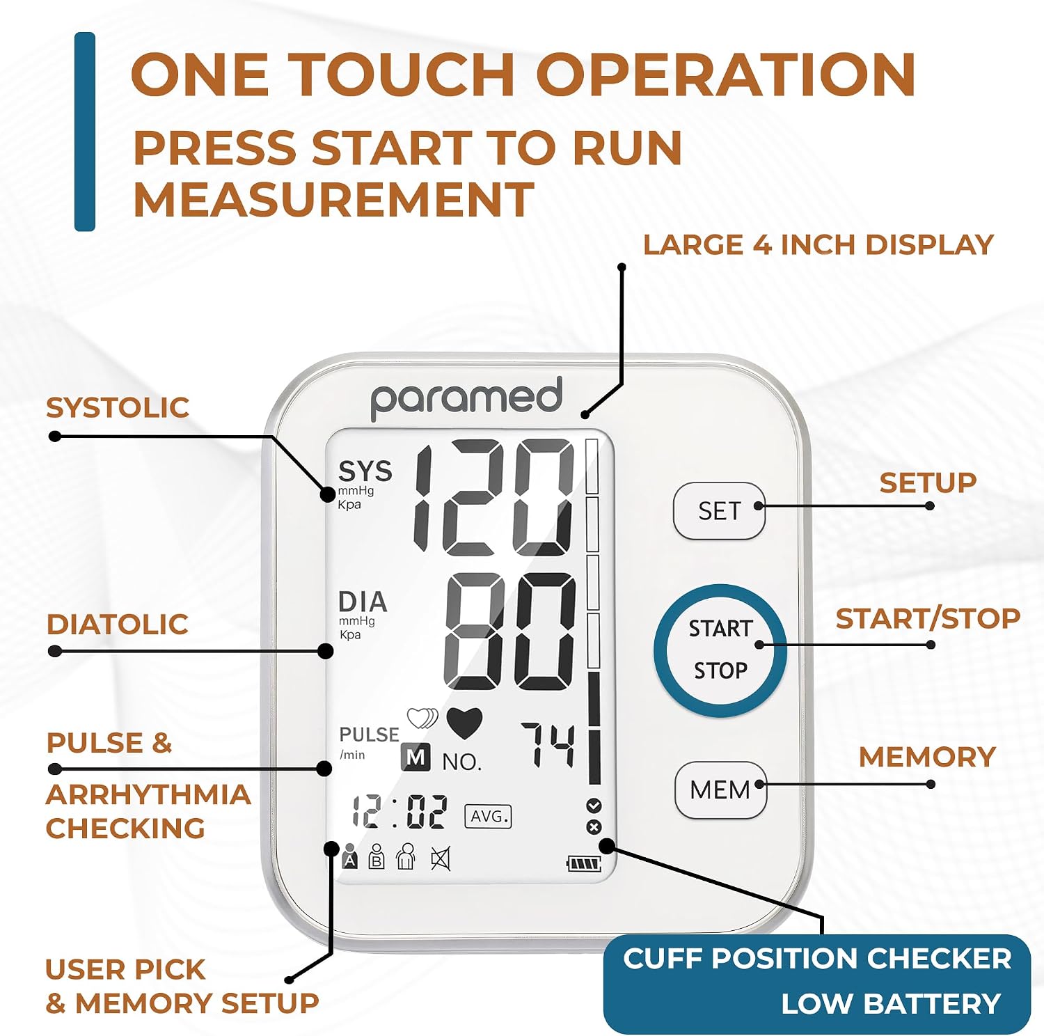 Paramed Blood Pressure Monitor - Bp Machine - Automatic Upper Arm Blood Pressure Cuff 8.7-16.5 inches - Large LCD Display 120 Sets Memory - Device Bag & Batteries Included - Image 2