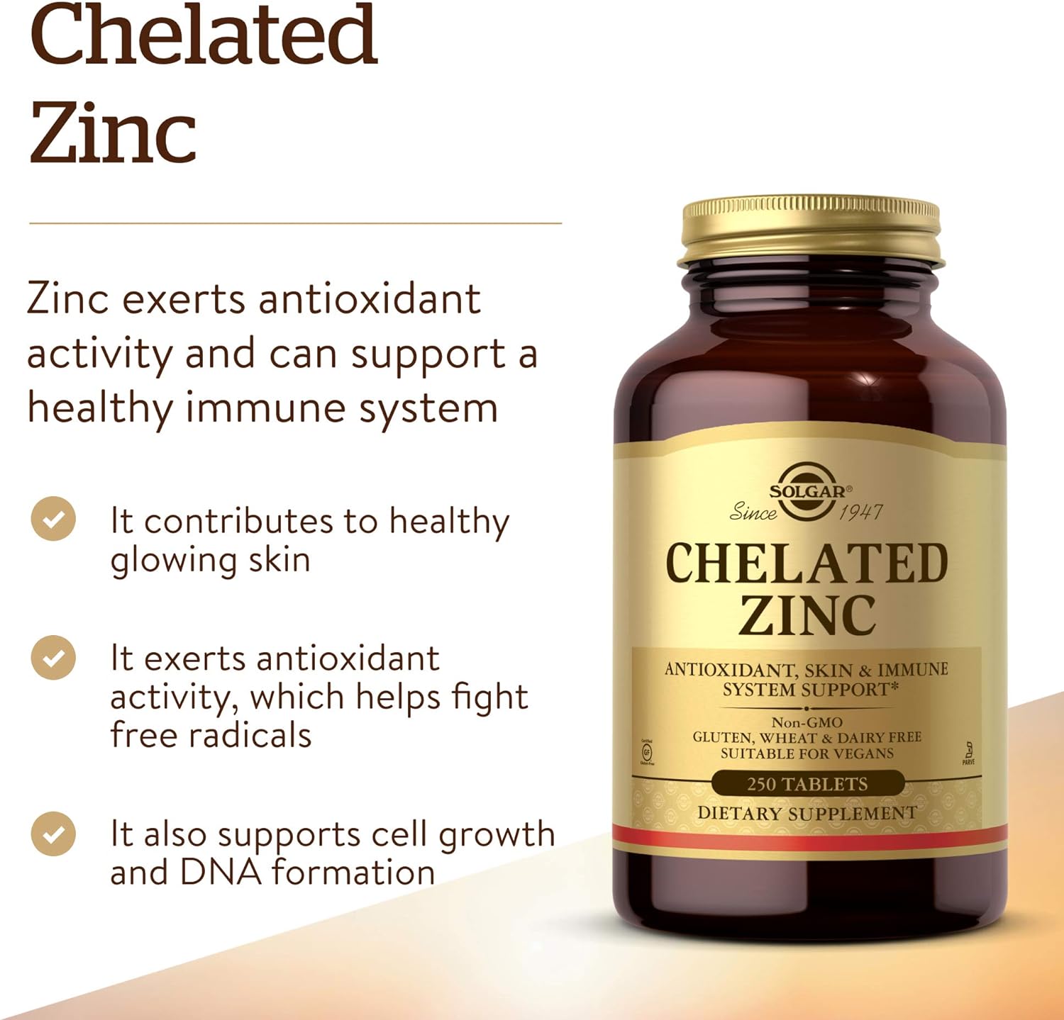 Solgar Chelated Zinc, 250 Tablets - Zinc for Healthy Skin - Supports Cell Growth & DNA Formation - Exerts Antioxidant Activity - Supports A Healthy Immune System - Non GMO, Vegan - 250 Servings - Image 3