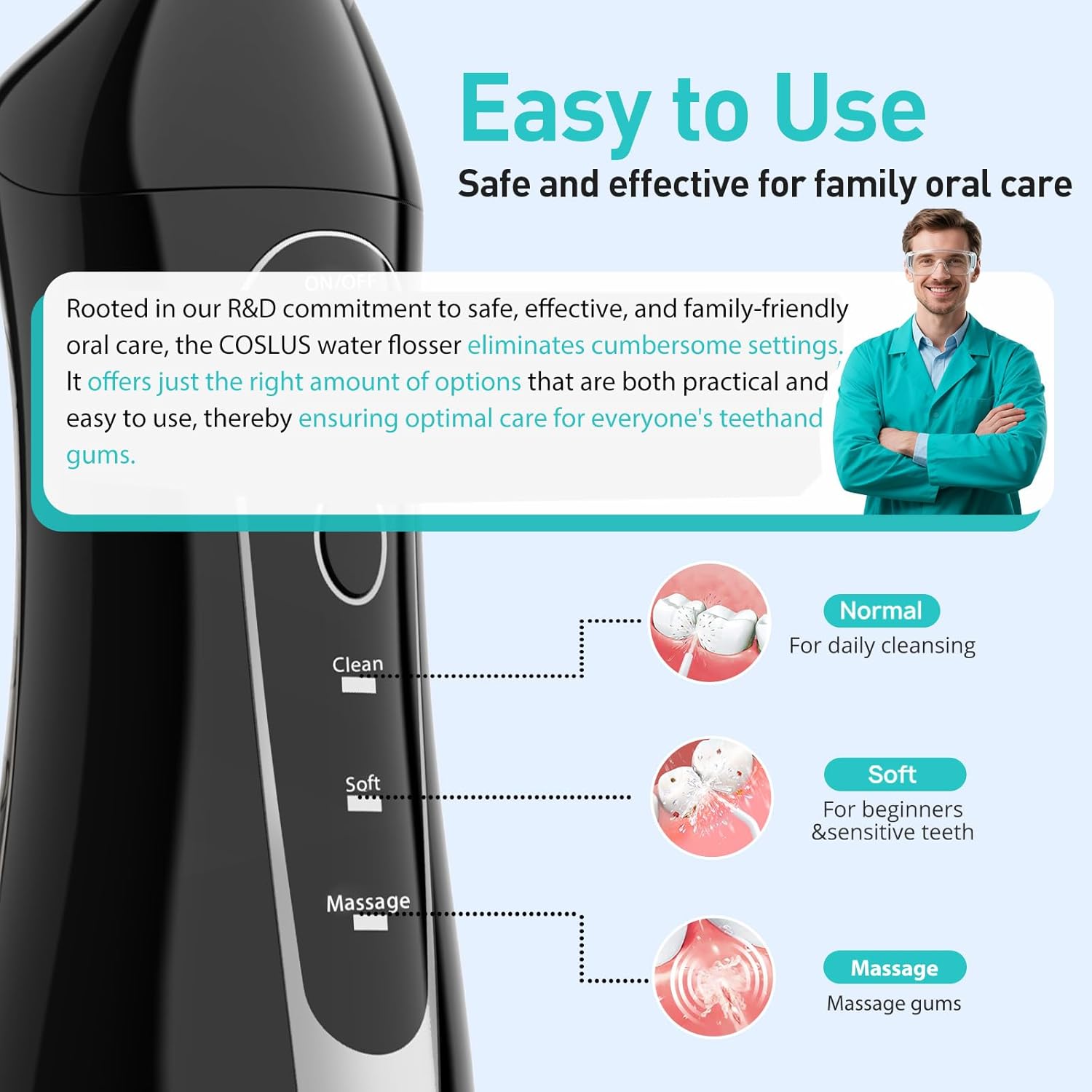 COSLUS ADA Accepted C20 Water Dental Flosser Teeth Pick, 300ML Larger Tank | Portable Rechargeable Oral Irrigator for Orthodontic & Sensitive Gums, Cordless for Travel, Family, Professional Set, Black - Image 4
