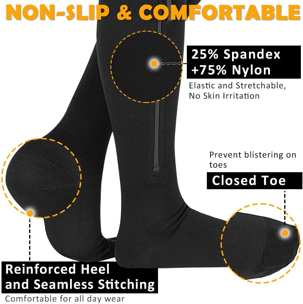 CASMON Zipper Compression Socks 15-20 mmHg Closed Toe Support Socks 1 Pair | Premium Medical Graduated Compression Men Women Black, Relieve Fatigue, Edema, Varicose Veins, Nurses, Post-Surgery - Image 3