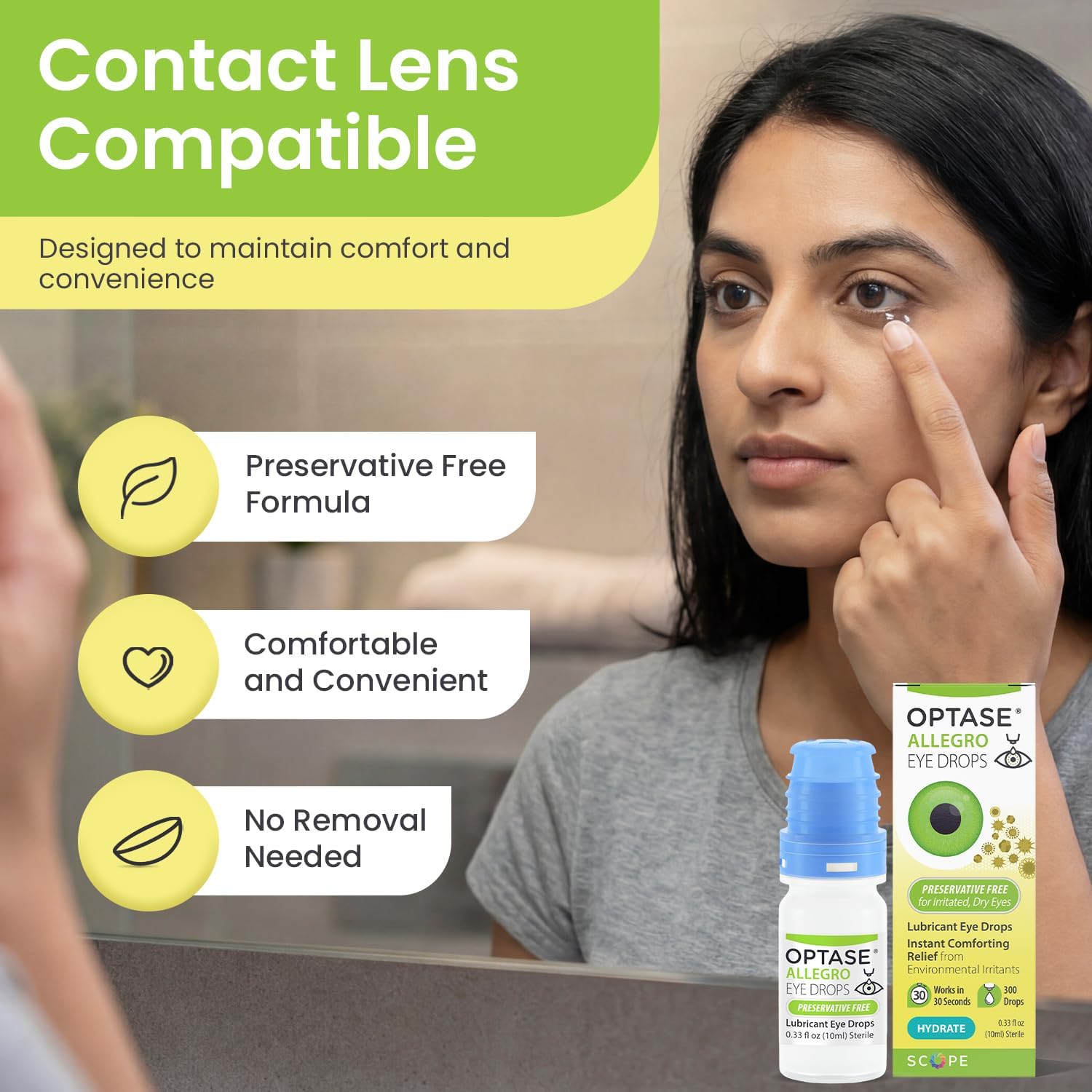 Optase® Allegro Lubricant Eye Drops, 0.33 fl oz | Preservative Free Lubricant Eye Drops - Artificial Tears for Environmental Irritants - Contact Lens Compatible - 300 Doses - Image 5