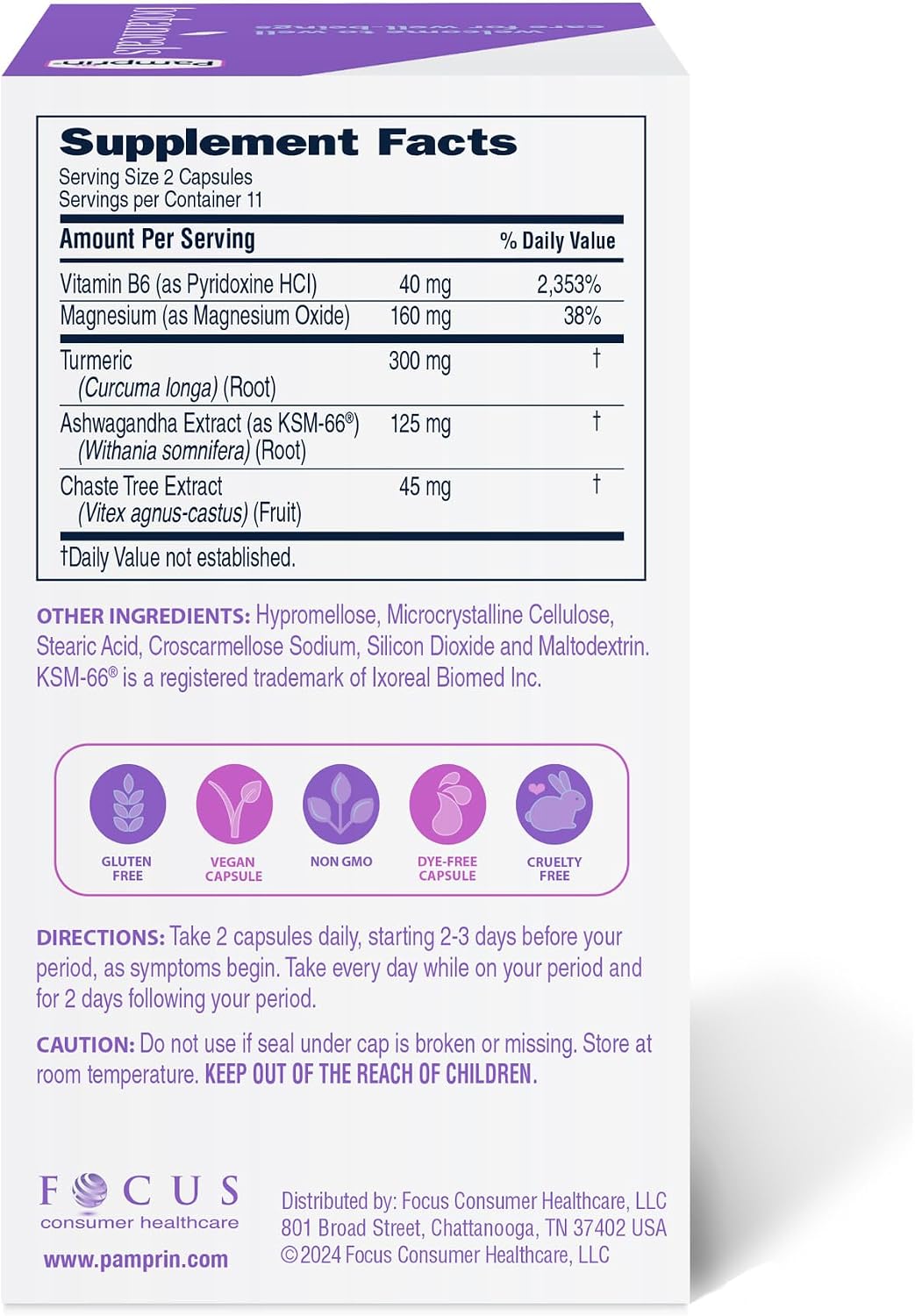Pamprin Botanicals Supplement for PMS & Period Support, with Ashwagandha, Magnesium, Turmeric, Vitamin B6, Chasteberry, 22 Count - Image 6
