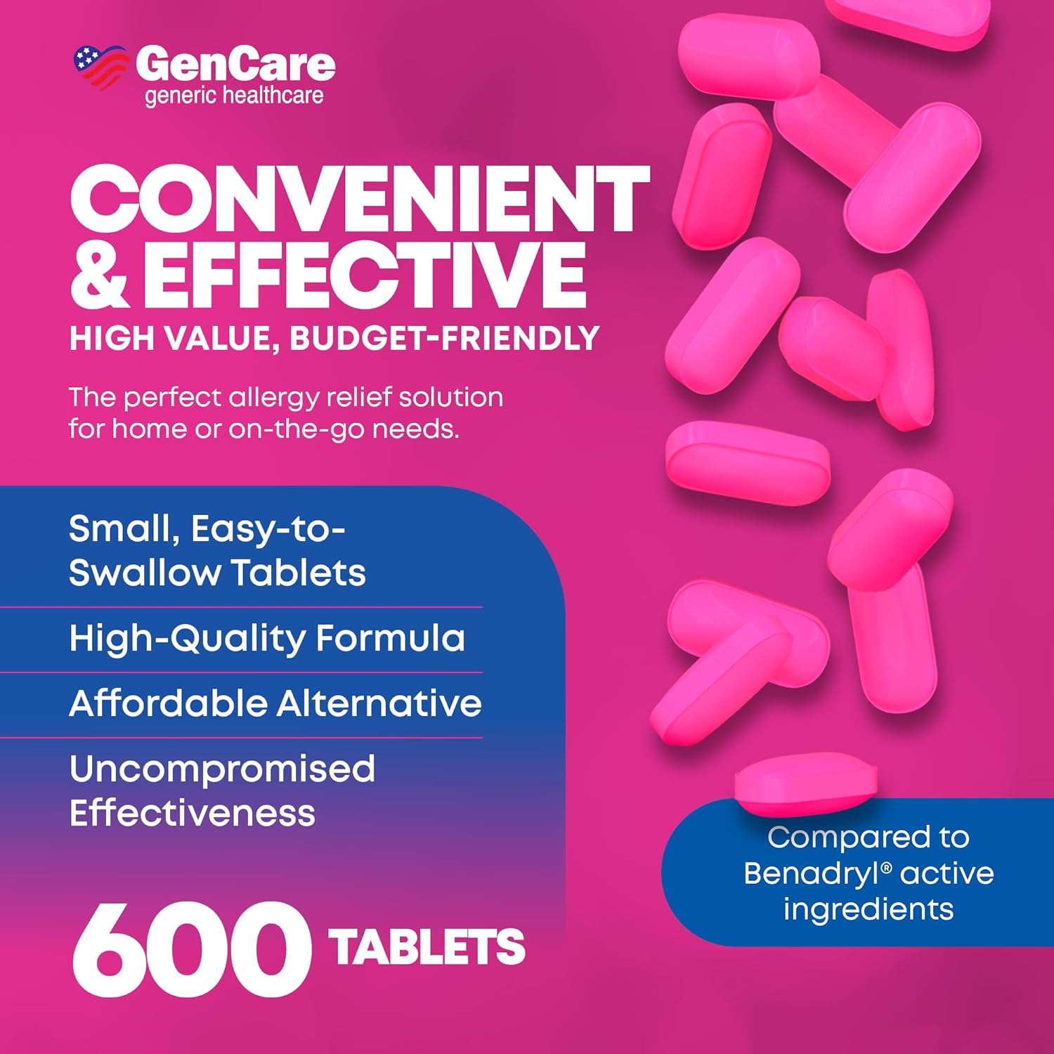 GenCare Diphenhydramine 25mg Allergy Relief Tablets, Bulk 600 Ct | Compares to Benadryl; antihistamine relieves sneezing, runny nose & itchy eyes - Image 4