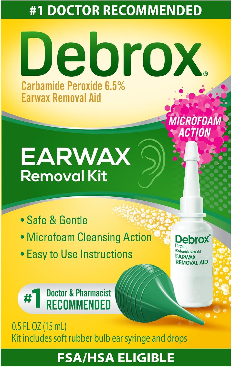 Debrox Ear Wax Removal Kit, Bulb Syringe & 0.5 Fl Oz Removal Ear Drops | Bulb Syringe and Microfoam Ear Drops with Carbamide Peroxide, Safe and Gentle Ear Cleaning Kit, Earwax Remover for Adults
