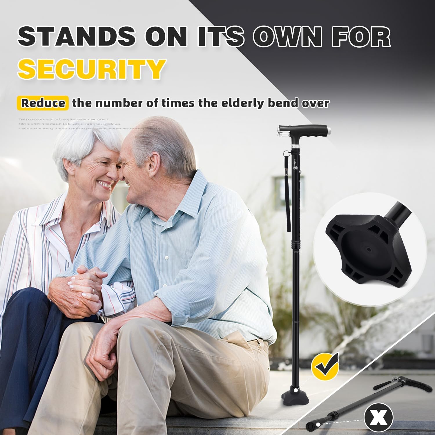 Walking Cane for Women Folding Cane for Men with Two Led Lights Quad Cane with Stable Base Lightweight and Adjustable Walking Stick - Image 5