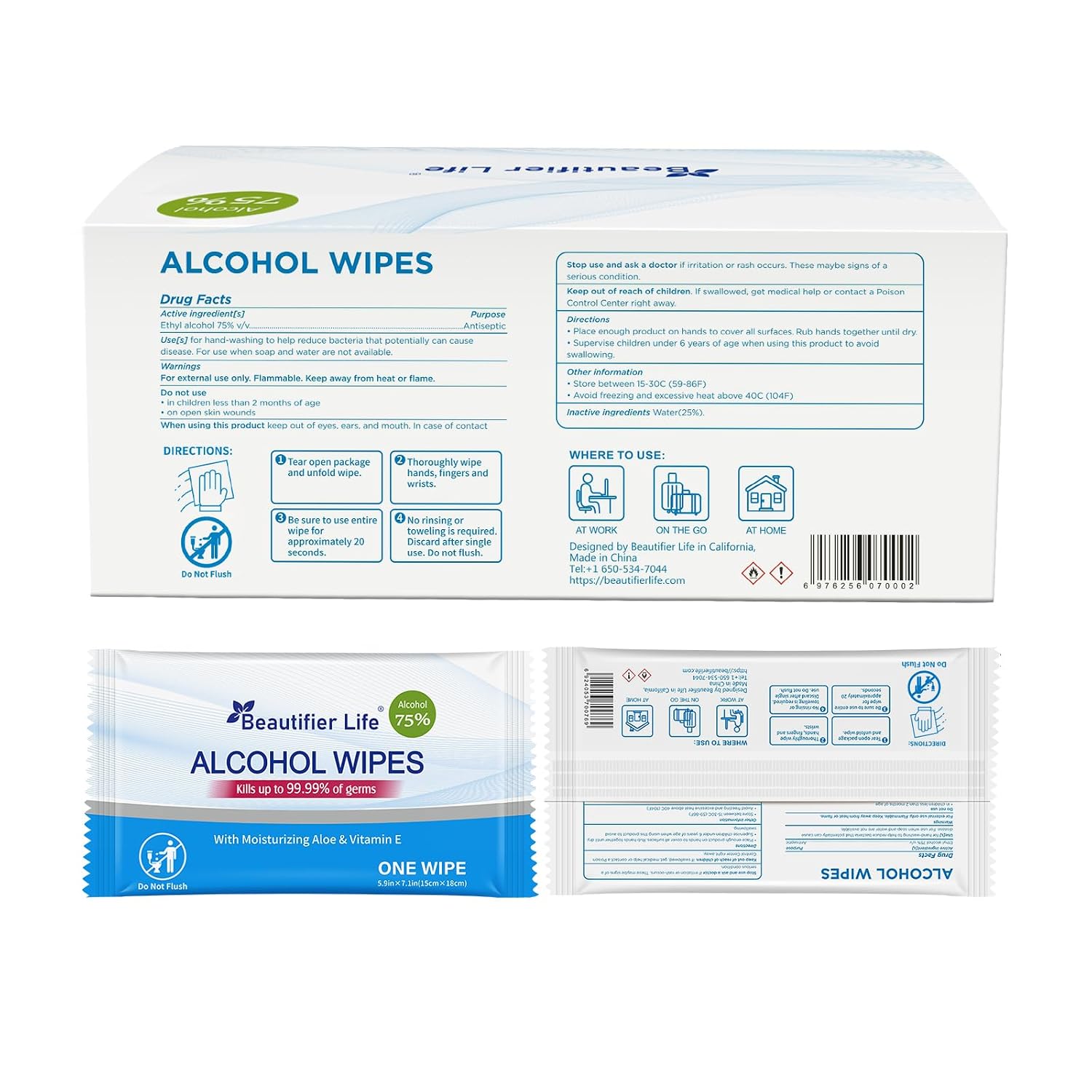 Beautifier Life All - Purpose Travel Wipes, 55 Individually Wrapped 75% Alcohol Antibacterial Hand Sanitizing Wipes with Aloe Moisturizer & Vitamin E for for On-the-Go Use, Restaurant, Home Office - Image 2