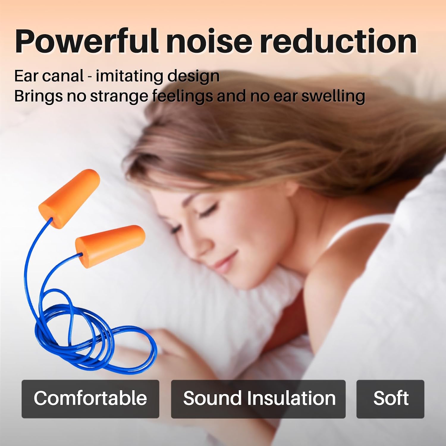 NRR 33dB Foam Ear Plugs with Cord,100 Pairs/Box,for Sleeping | Ultra-soft PU foam, fit ear canals, individually wrapped,earplugs for Construction , traveling, studying. shooting ranges - Image 2