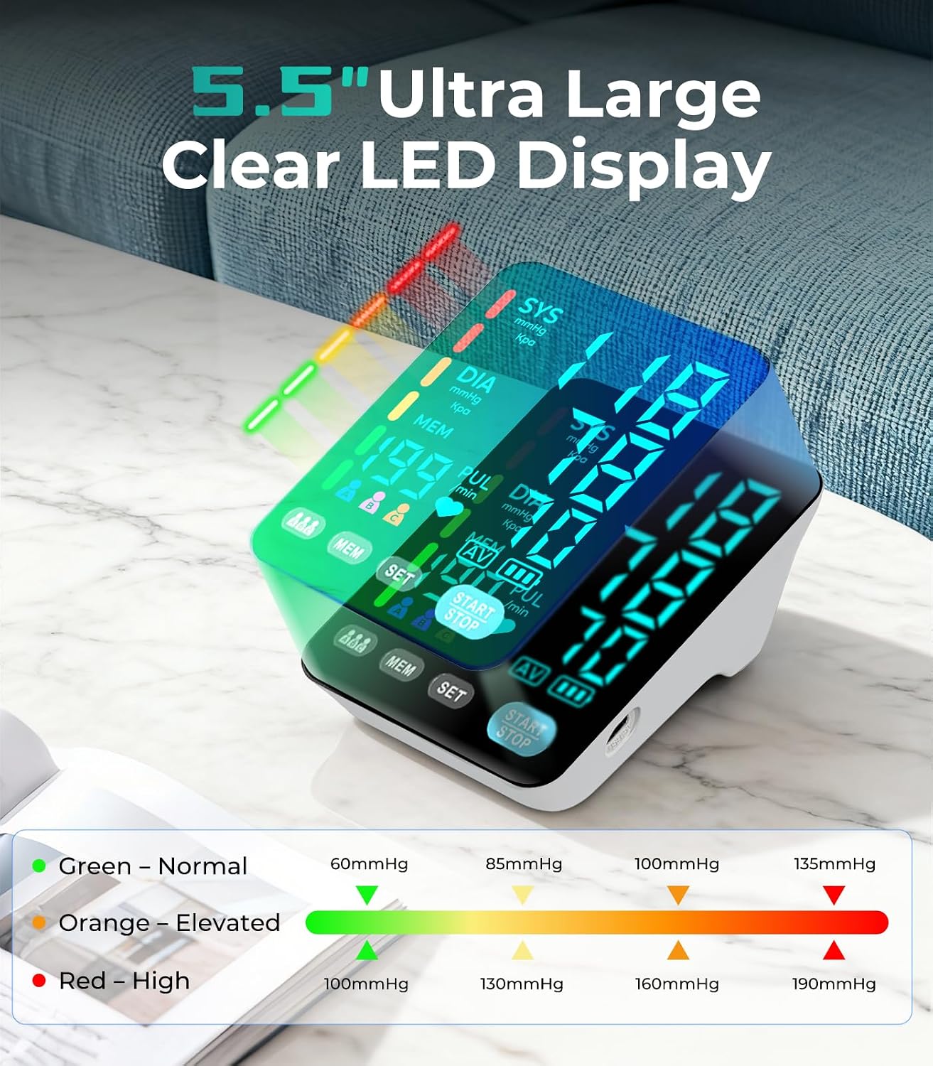 Automatic Upper Arm Blood Pressure Monitor, 3*199 Sets Memory, White | Dual Cuffs (9-17in&13-21in), Large LED Backlit Display, USB-C/4 AAA, Fast 35s reading, Home Use, one-touch, accurate readings - Image 3