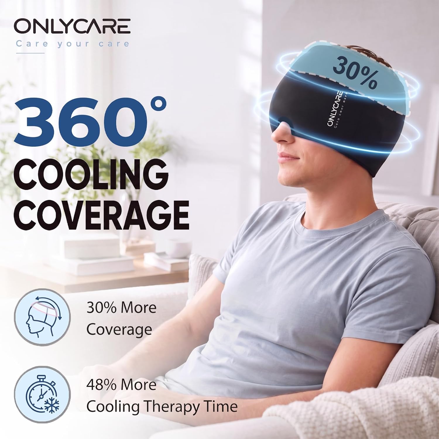 ONLYCARE Migraine Relief Cap, Headache Relief Cold Cap with Odorless Gel | Cooling Hat Head Wrap Soothing Face Ice Pack Mask Products for Tension Stress Hangover & Puffy Eyes, Relaxing Gifts for Women - Image 4