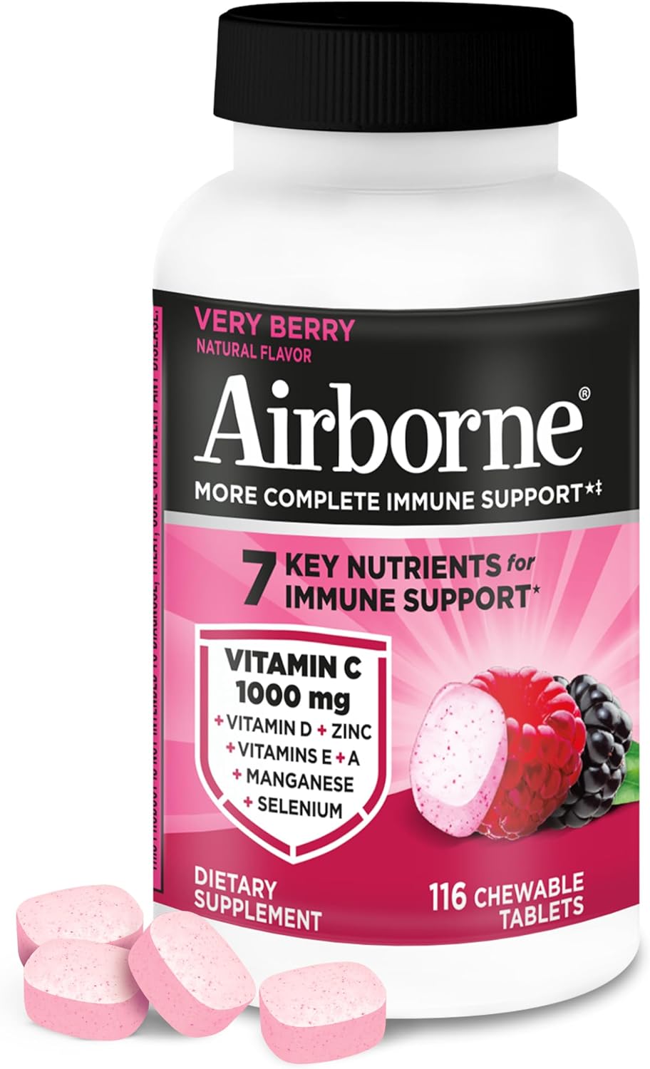 Airborne Very Berry Chewable Tablets, 116ct | Immune Support Supplement with 1000mg Vitamin C + Vitamins A, D, E, Zinc,Selenium, & Manganese | Herbal Blend | Gluten Free | Antioxidants Vitamins A, D & E + Zinc, Selenium, and Manganese, Herbal Blend, Multivitamin Supplements, Immune Health, Tasty