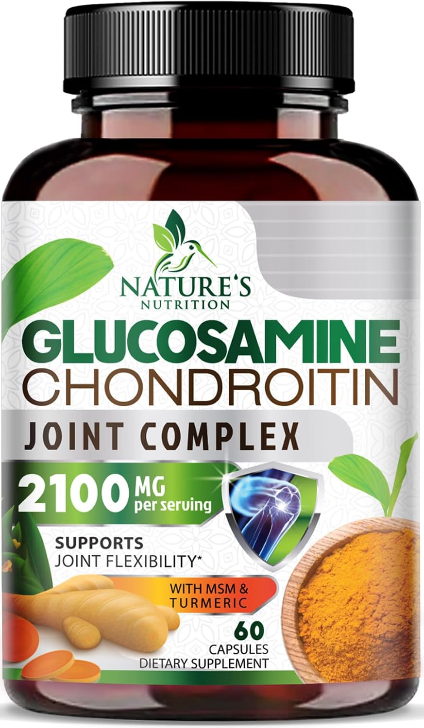 Nature's Nutrition Glucosamine Chondroitin MSM Capsules - Triple Strength Joint Health Support Supplement with Turmeric & Boswellia - Joint Flexibility Support Easy to Swallow Capsules - 60 Count