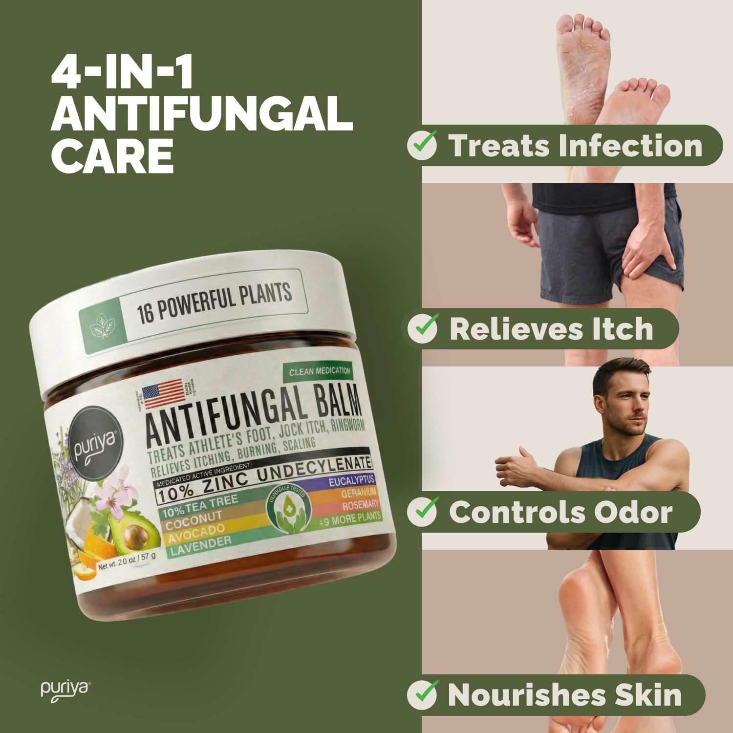 Puriya Antifungal Balm, Athlete's Foot, Jock Itch, Ringworm Treatment, 2 oz | Clinically Proven, Concentrated, Antifungal Cream, Relieves Itching, Burning, Cracking, Treats & Hydrates Skin, Plant-Powered - Image 3