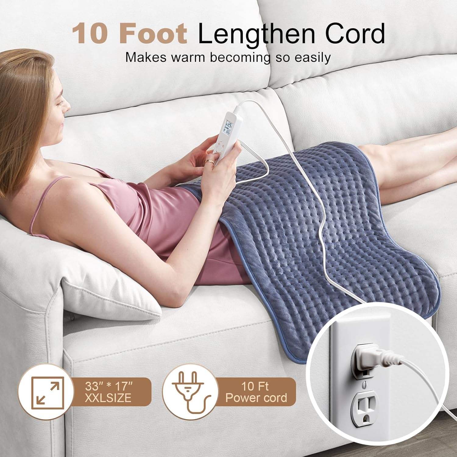 VAAGHANM Heating Pad: 33" x 17" Large Heat Pad for Full Back Coverage | FSA Eligible HSA - Electric Heating Pad for Back Pain & Cramps Relief - 6 Timer & 6 Temperature Controller - Image 4