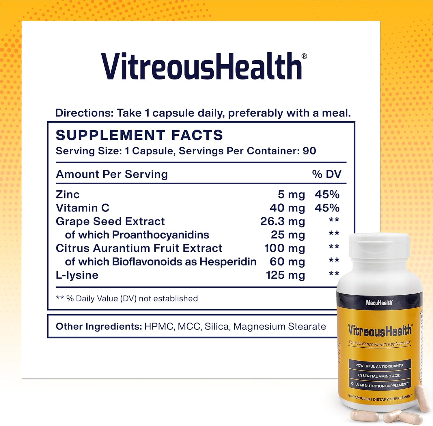 Macuhealth VitreousHealth Evidence-Based Eye Supplement - Ocular Nutrition | 90 capsules, with Zinc, Grape Seed Extract, with Citrus Aurantium Fruit Extract, L-lysine - Promotes Clearer Vision - Image 2