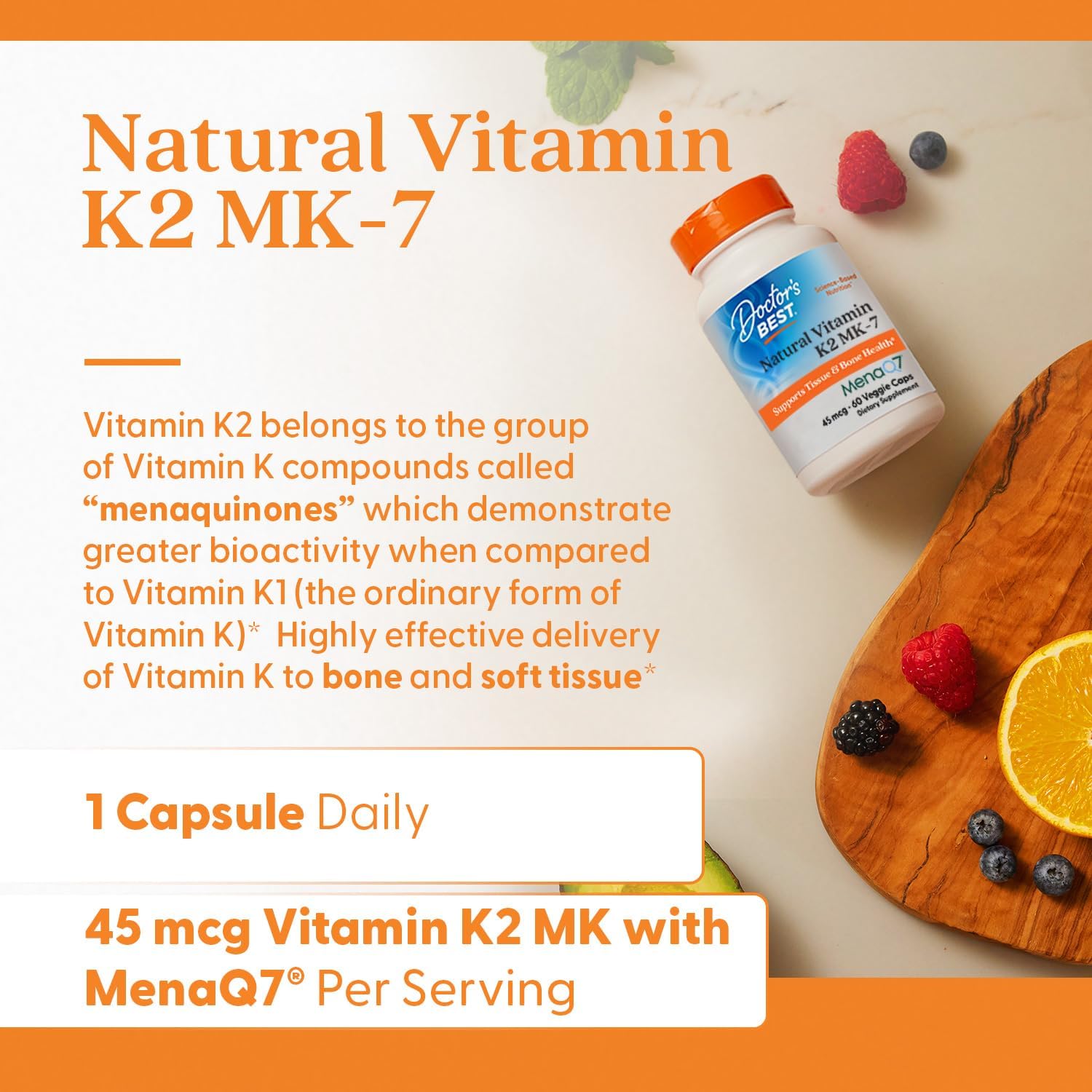 Doctor's Best Natural Vitamin K2 MK7 Supplement for Men & Women - Bone Health Support, 45 mcg Vitamin K-2 MK-7 Capsules with MenaQ7, Calcium Support, Non GMO, Vegan - 60 Veg Caps - Image 4