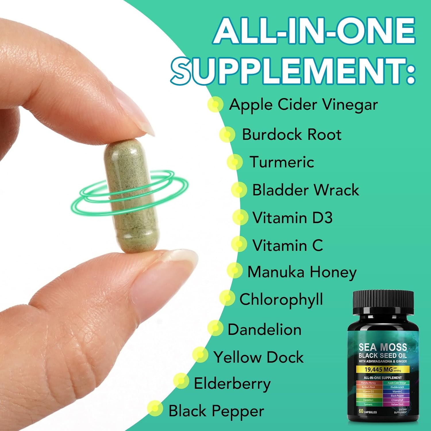 Sea Moss Black Seed Oil Ashwagandha Ginger, Sea Moss Capsule Supplement with Turmeric Burdock Root Bladderwrack Vitamin C Vitamin D3 Enhanced Immunity & Energy Black Seed Oil Capsule 60 Count - Image 3