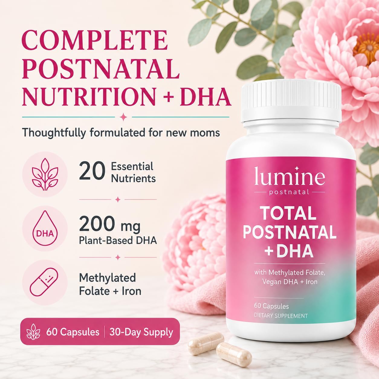LUMINE Organics Postnatal Vitamins for Women 60 Capsules | Postnatal Nutrition with 20 Essential Nutrients, 200 mg Plant-Based DHA, Methylated Folate, Iron and Biotin for New Moms - Image 2