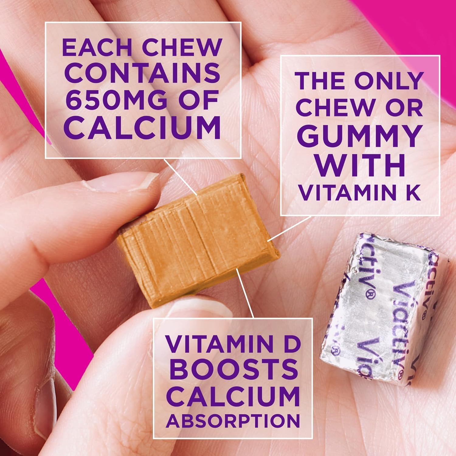 Viactiv Calcium + Vitamin D Supplement Soft Chews for Women & Men - Chewable Calcium for Bone Health Support, 650 mg per Serving, Vitamin D & K for High Absorption - 60 Count, Caramel - Image 6