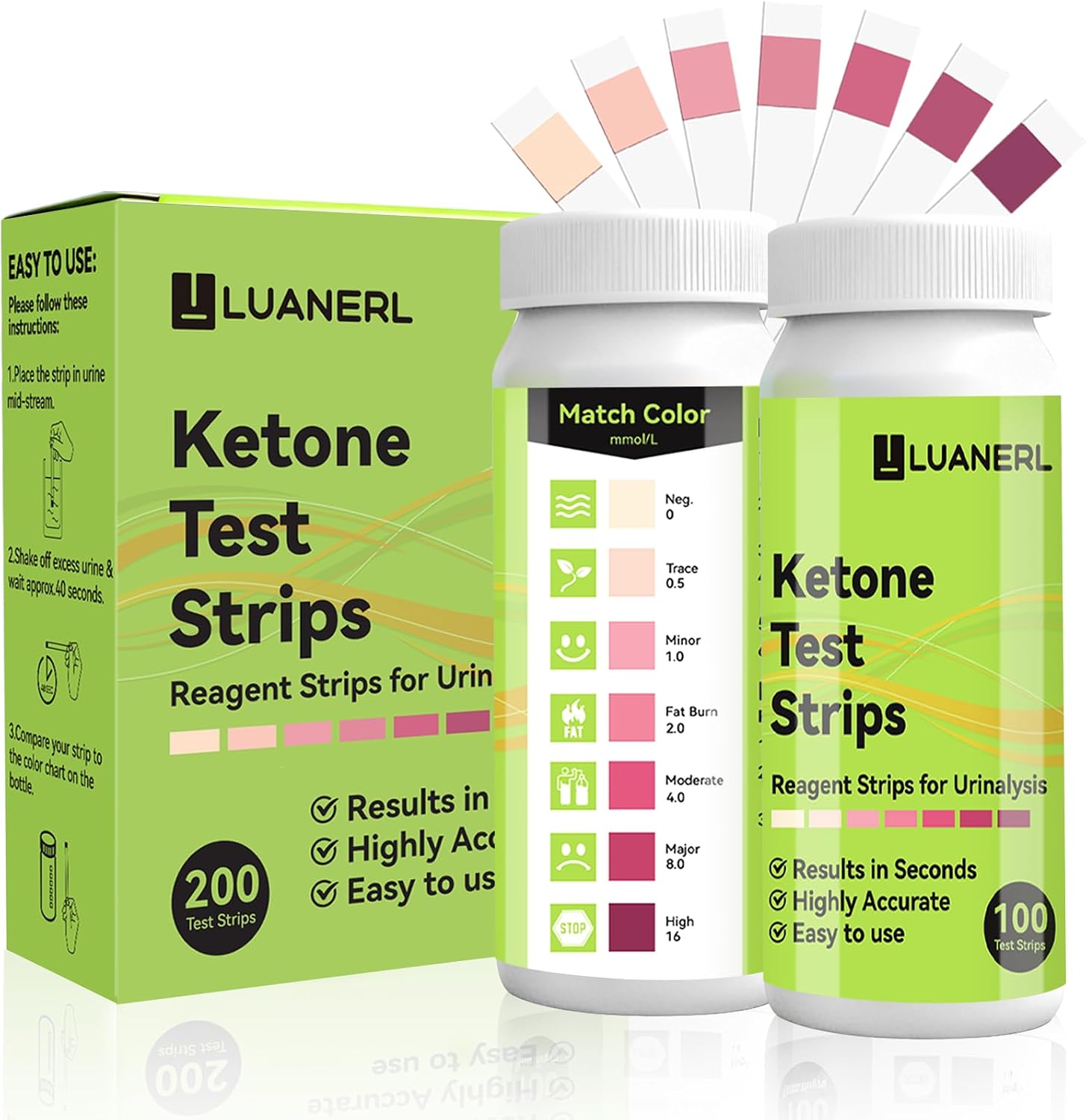 Ketone Test Strips 200 Count (100×2 Bottles) Urine Test for Monitor Ketosis | Upgraded 7-Color Accurate– Keto, Low-Carb, Atkins & Paleo Diet Tracker, Ketone Test Kit with Color Chart on Bottle