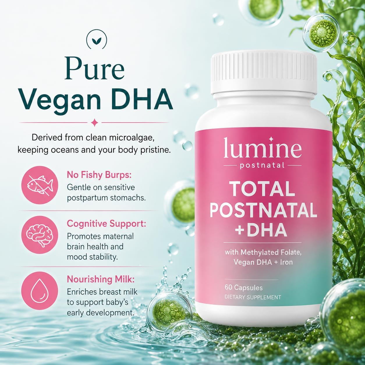 LUMINE Organics Postnatal Vitamins for Women 60 Capsules, Total Postnatal Vitamins with Vegan Algae DHA,Methylated Folate,Iron,Postpartum Recovery Support - Image 4