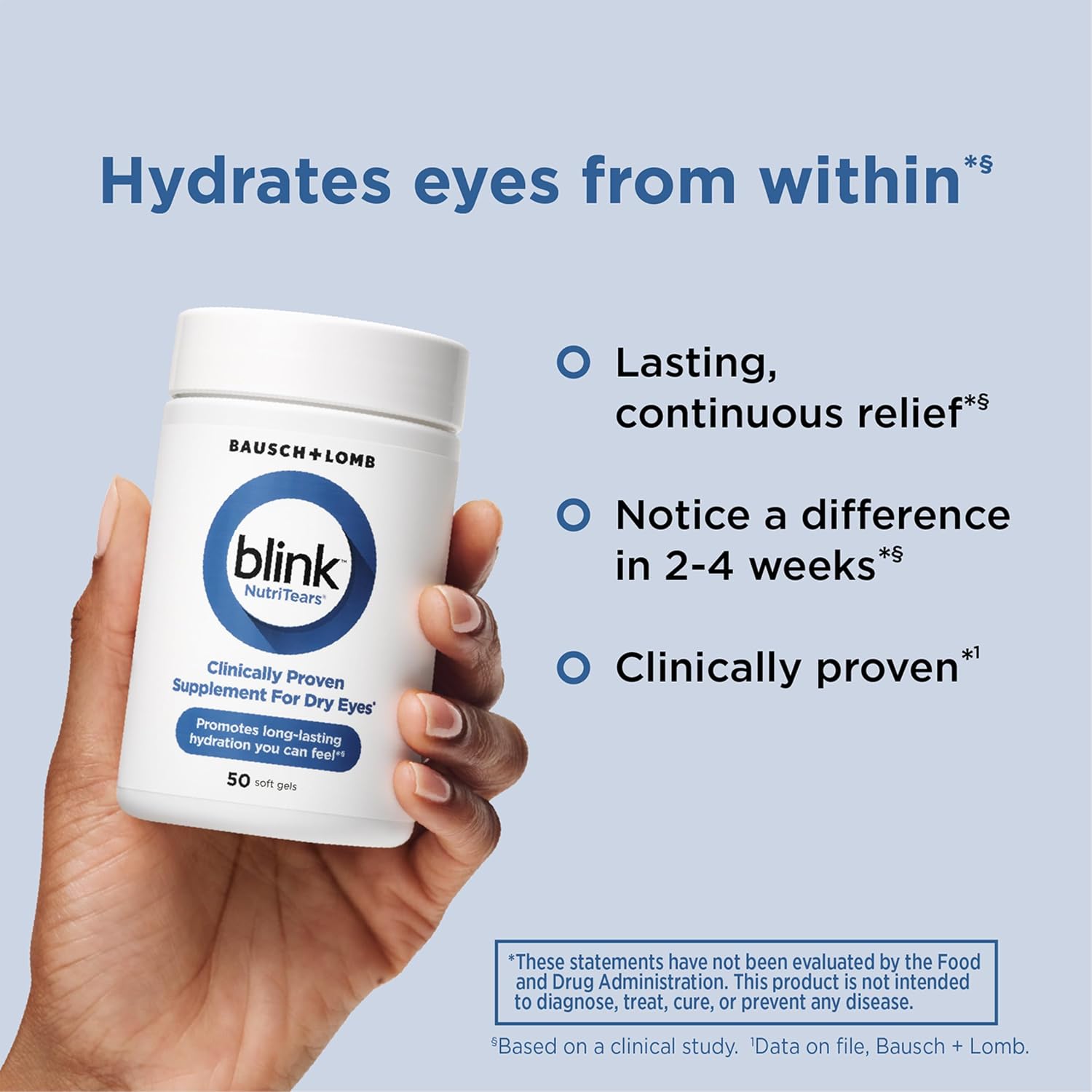 Blink NutriTears Clinically Proven Supplement for Dry Eyes, Eye Care with Lutein & Zeaxanthin and Vitamin D to Hydrate Eyes from Within for Long-Lasting Relief, 50 Softgels - Image 2