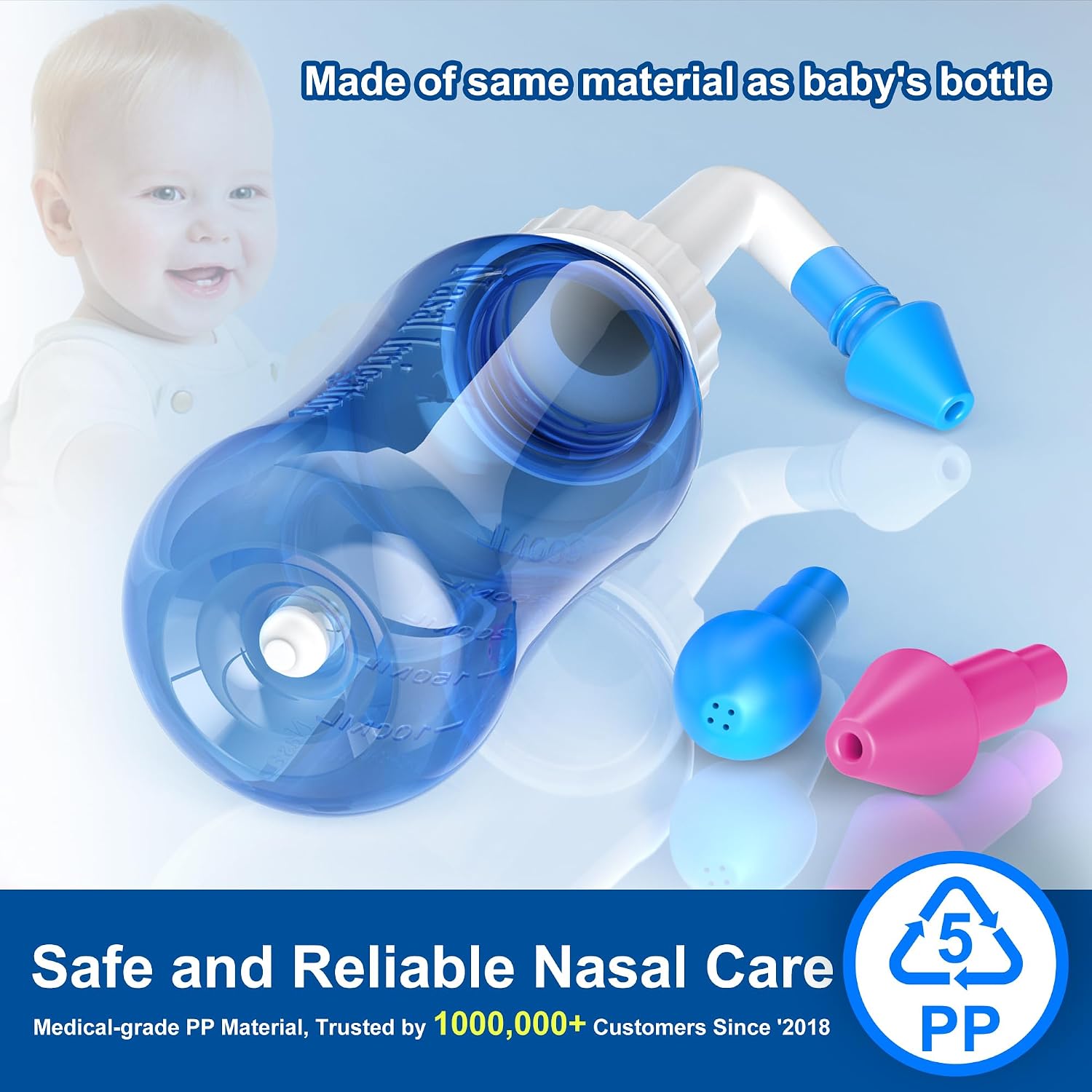 MAOEVER Neti Pot Sinus Rinse Bottle Nose Wash Cleaner Pressure Rinse Nasal Irrigation for Adult & Kid BPA Free 300 ML with 30 Nasal Wash Salt Packets and Sticker Thermometer(Blue) - Image 2