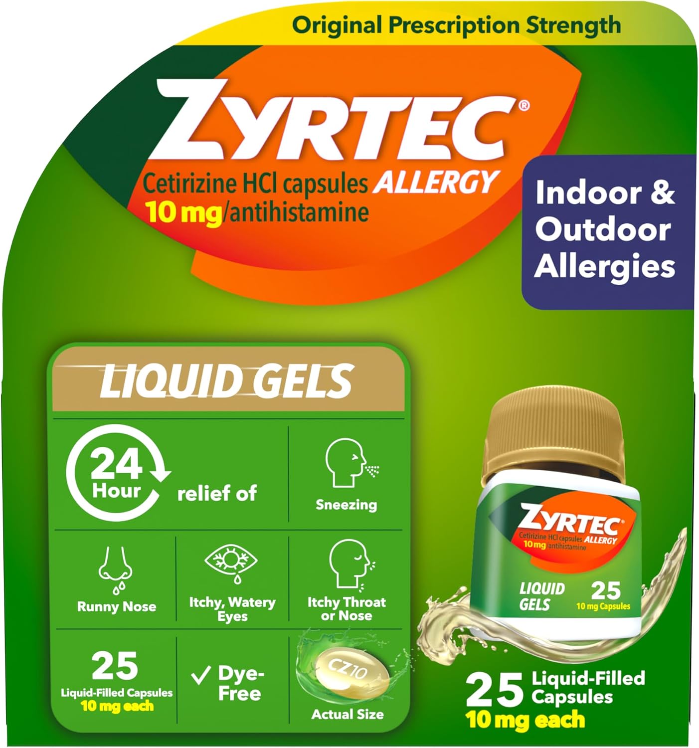 Zyrtec 24-Hour Allergy Relief Liquid Gels, 10 mg Cetirizine HCl, 25 count | Antihistamine Capsules, Allergy Medicine, All-Day Relief from Runny Nose, Sneezing, Itchy Eyes & More