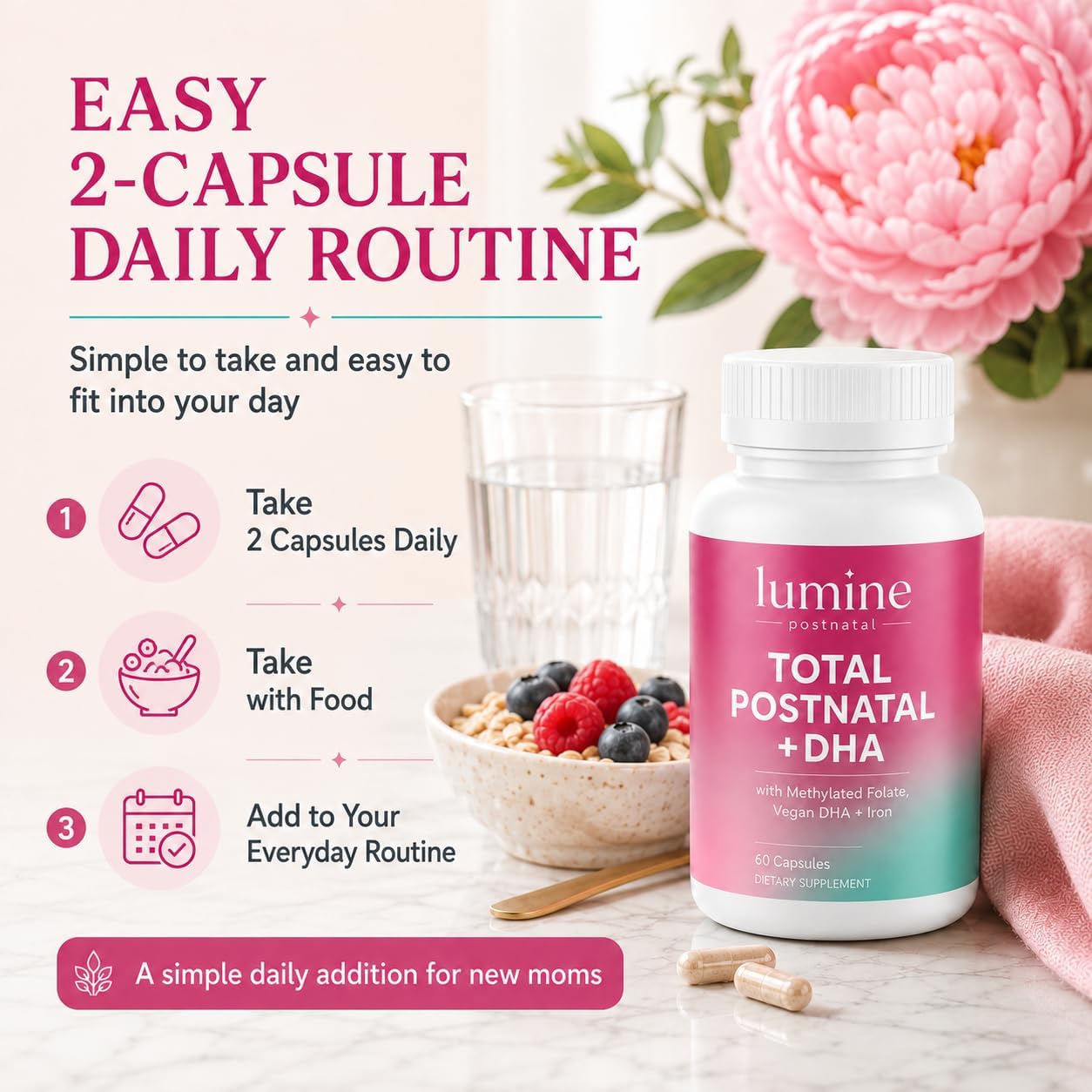 LUMINE Organics Postnatal Vitamins for Women 60 Capsules | Postnatal Nutrition with 20 Essential Nutrients, 200 mg Plant-Based DHA, Methylated Folate, Iron and Biotin for New Moms - Image 6