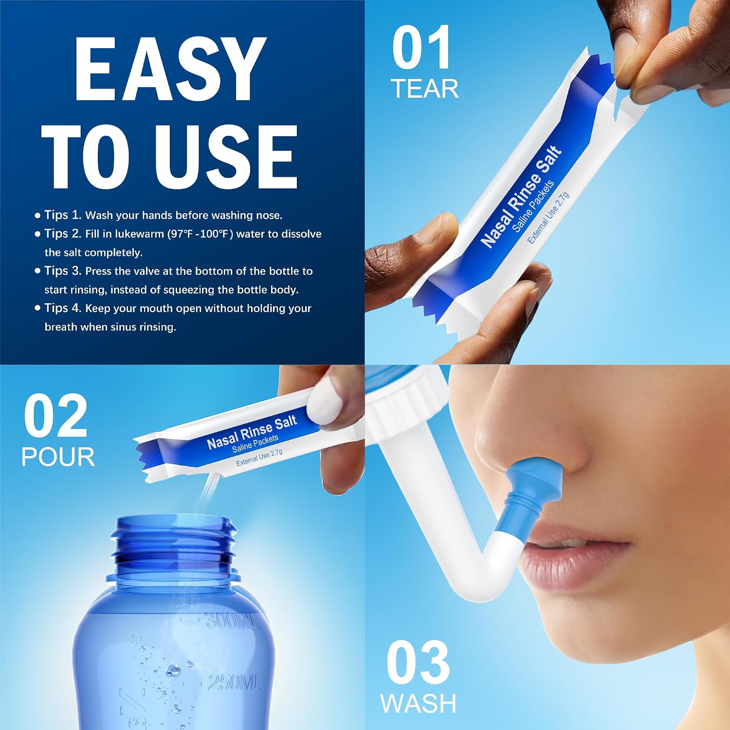 MAOEVER Neti Pot Sinus Rinse Bottle Nose Wash Cleaner Pressure Rinse Nasal Irrigation for Adult & Kid BPA Free 300 ML with 30 Nasal Wash Salt Packets and Sticker Thermometer(Blue) - Image 7