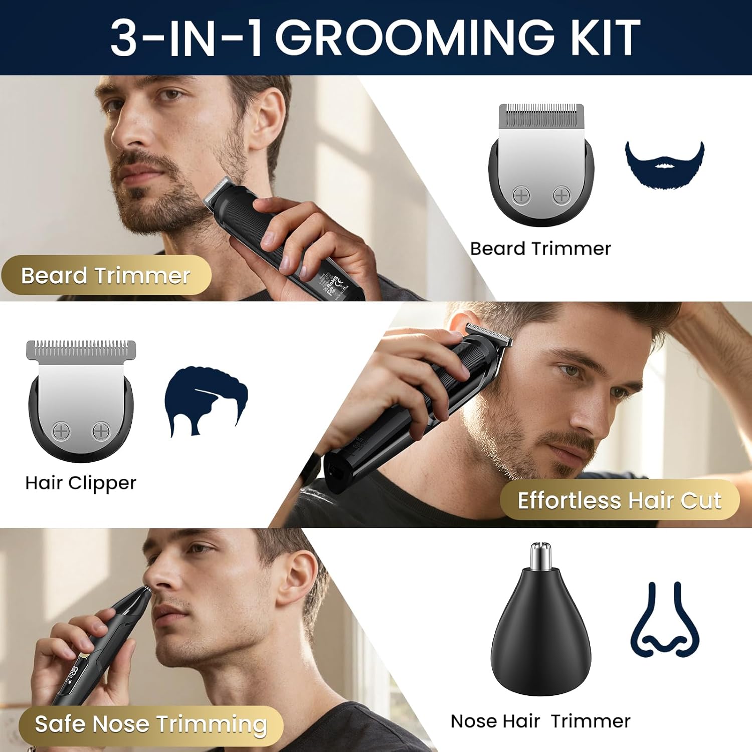 Ufree 3-in-1 Beard Trimmer for Men, IPX6 Waterproof Electric Razor | Gifts for men, Beard, Nose, Hair, Stainless Steel Blades, USB-C Charge, 120-Min Usage, 8000 RPM, Wet and Dry, Travel Lock - Image 3