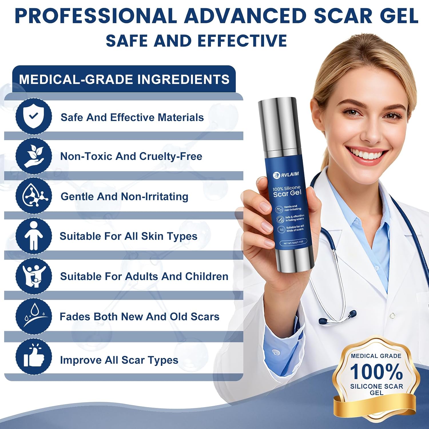 Rvlaim 100% Advanced Silicone Scar Gel for Old & New Scars,1.7oz/50ml | Hypoallergenic and Fast-absorbing Effective for Surgical, Burns, Acne, C-Section, Keloid Scars and Stretch Marks - Image 6