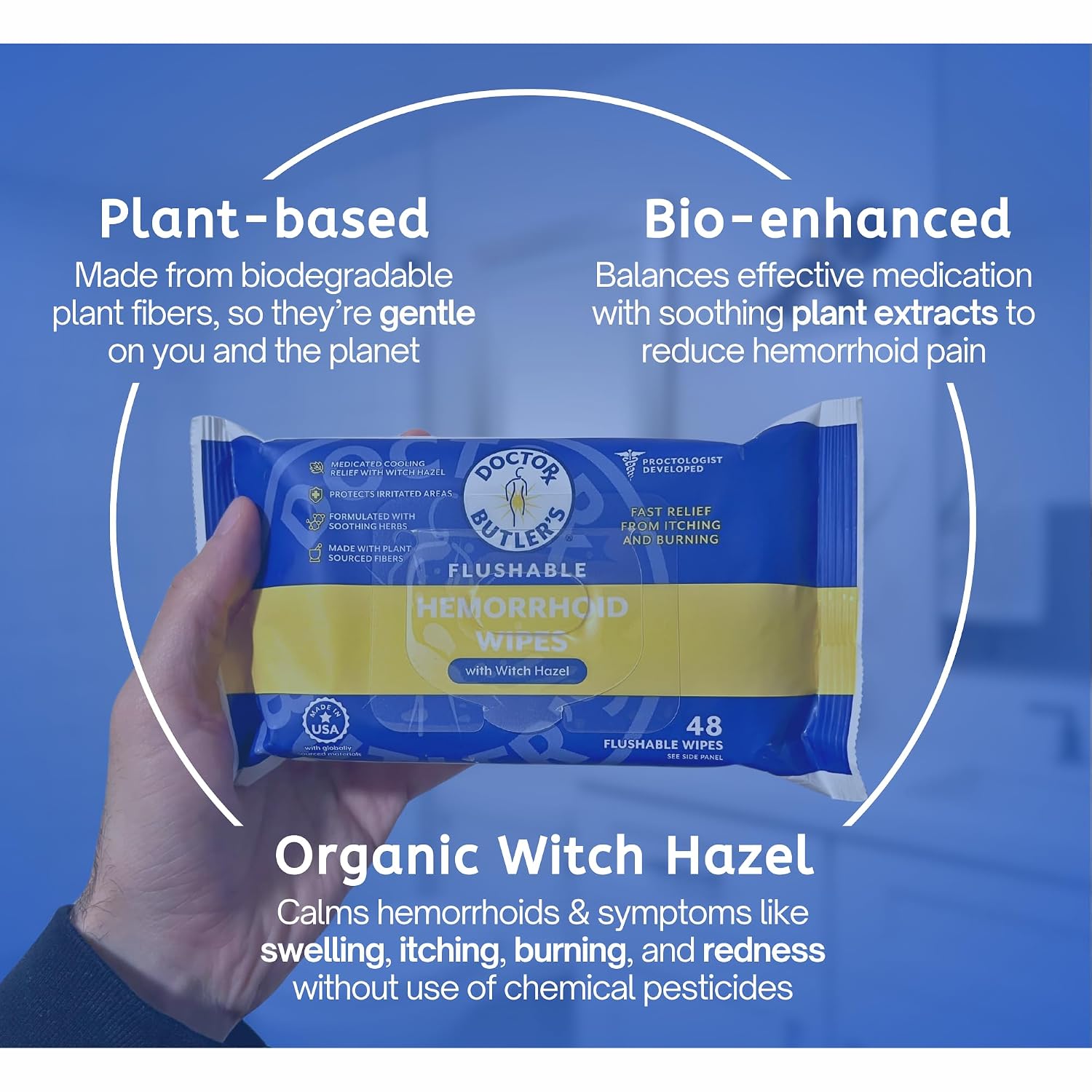 Doctor Butler's Flushable Hemorrhoid Wipes - Flushable Wipes or Moist Compress with Organic Witch Hazel to Soothe and Bring Relief From Discomfort Associated with Hemorrhoids (48 Count) - Image 4