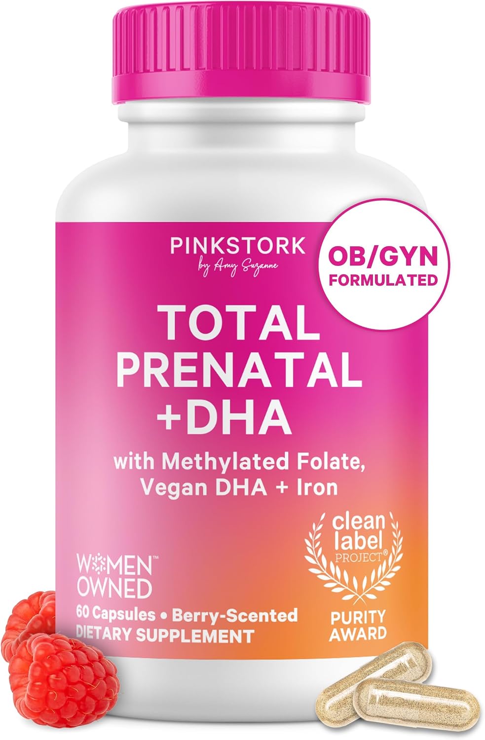 Pink Stork Total Prenatal + DHA, Vegan, No Fishy Burps, 60 Count, Berry | Methylfolate, Vegan DHA, Non-Constipating Iron, Choline, Vitamin B12 | Clean Label Purity Award, Made in USA