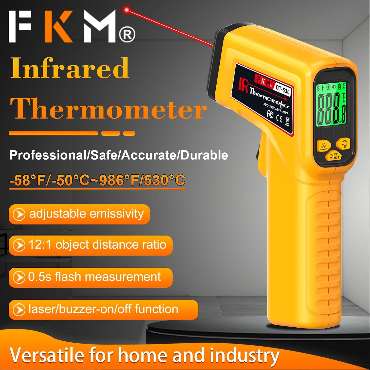 FKM Infrared Thermometer Gun Non-Contact Laser Temperature Gun -58°F~986°F | (-50°C~530°C) Adjustable Emissivity,Digital Thermometer Gun for Cooking,Oven,Griddle,Automotive,HVAC,Industrial,Not for Human - Image 2
