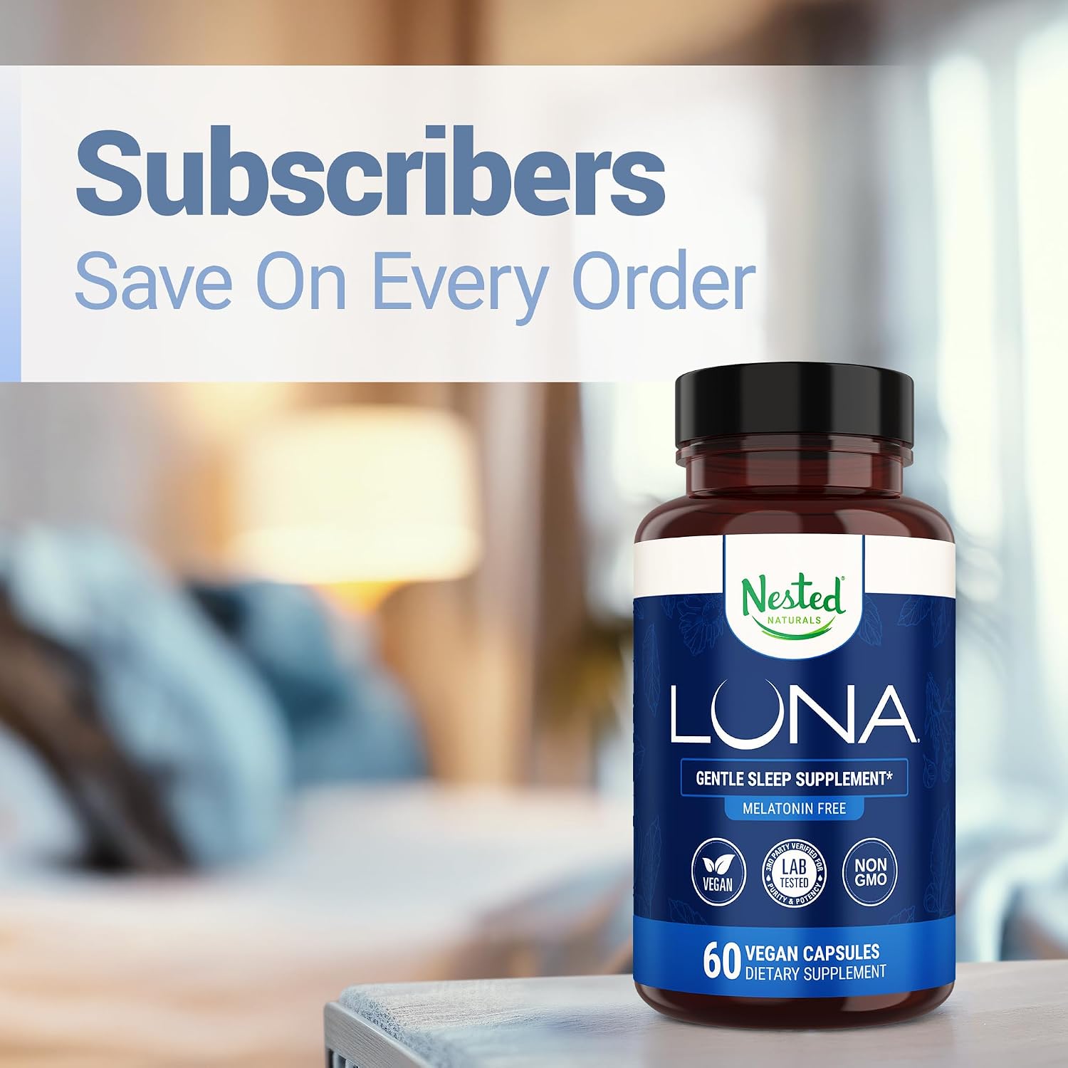 Nested Naturals Luna Melatonin-Free Sleep Supplement - Non-Habit Forming Herbal Sleep Supplement, Adult Bedtime Support, Help Sleeping w/Chamomile, Valerian, L-Theanine - 60 Vegan Capsules - Image 8