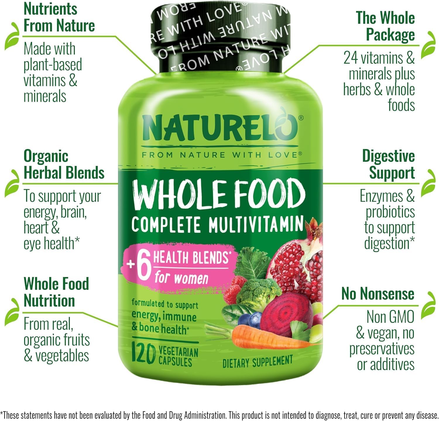 NATURELO Whole Food Multivitamin for Women - with Vitamins, Minerals, & Organic Extracts - Supplement for Energy and Heart Health - Non GMO - 120 Vegan Capsules - Image 6