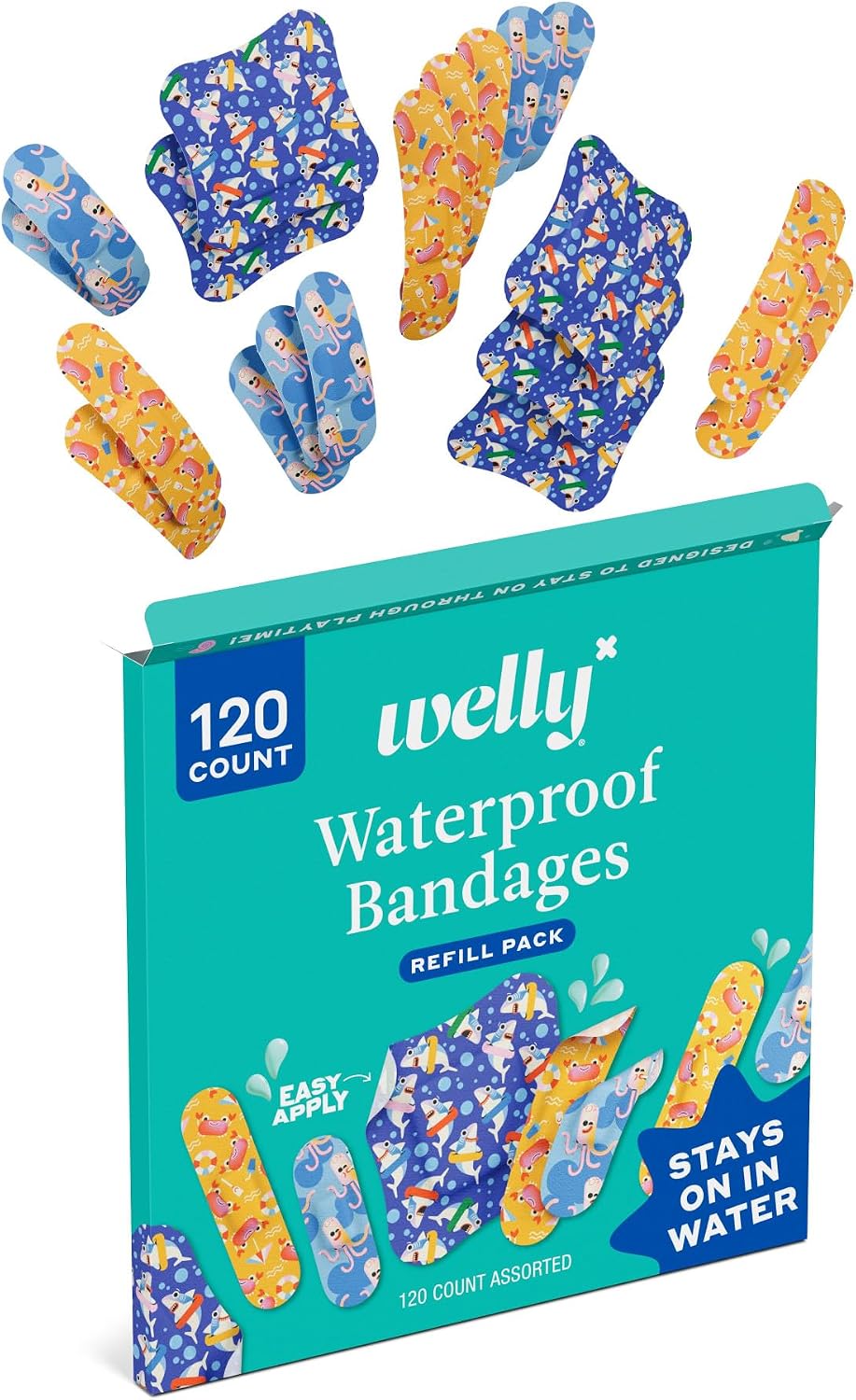 Welly Bandage Ocean Friends Refill Pack | Splashflex Adhesive Flexible Waterproof Bandages | Assorted Shapes and Patterns for Minor Cuts, Scrapes, and Wounds - 120 Count - Image 3