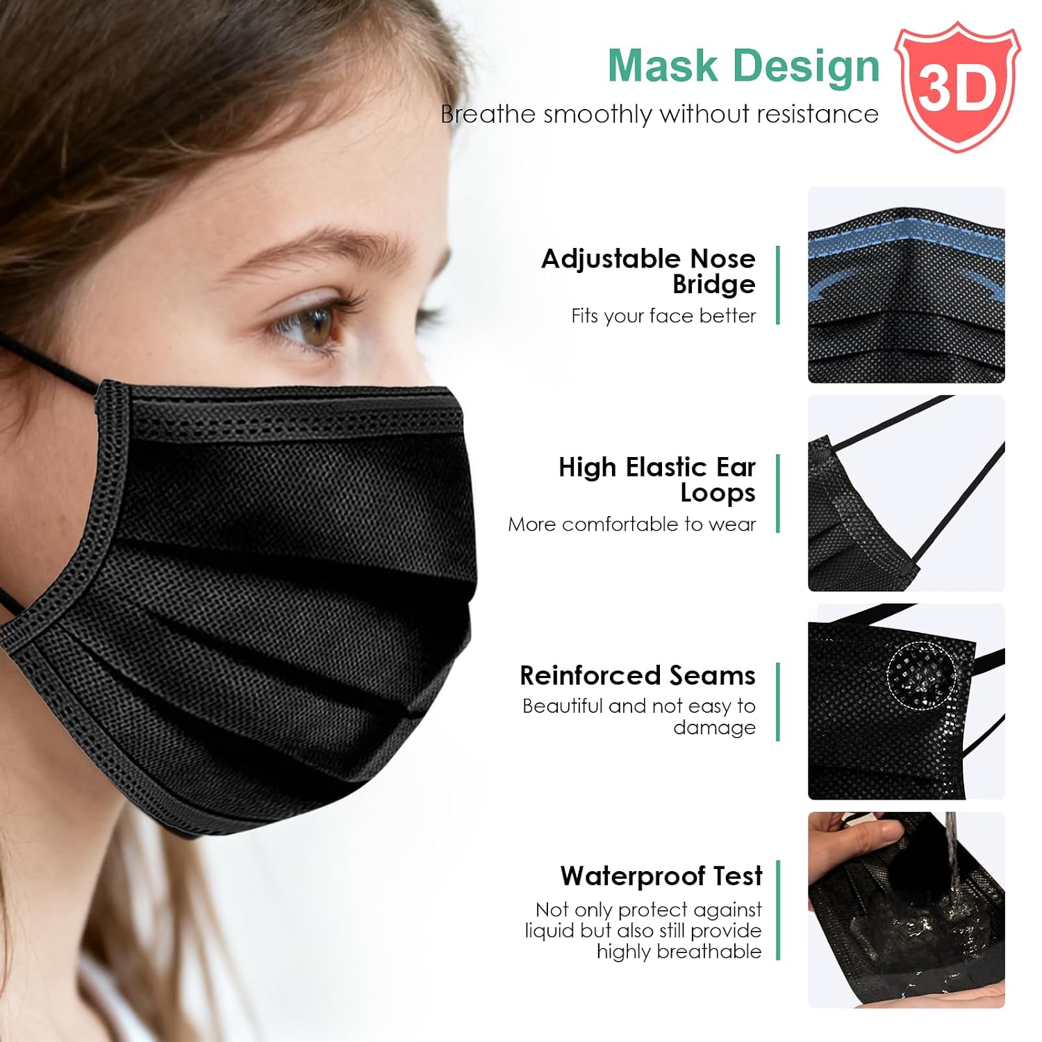 Kids Face Masks 100 PCS Black Disposable Mask 3 Ply for Children Boys Girls - Image 4