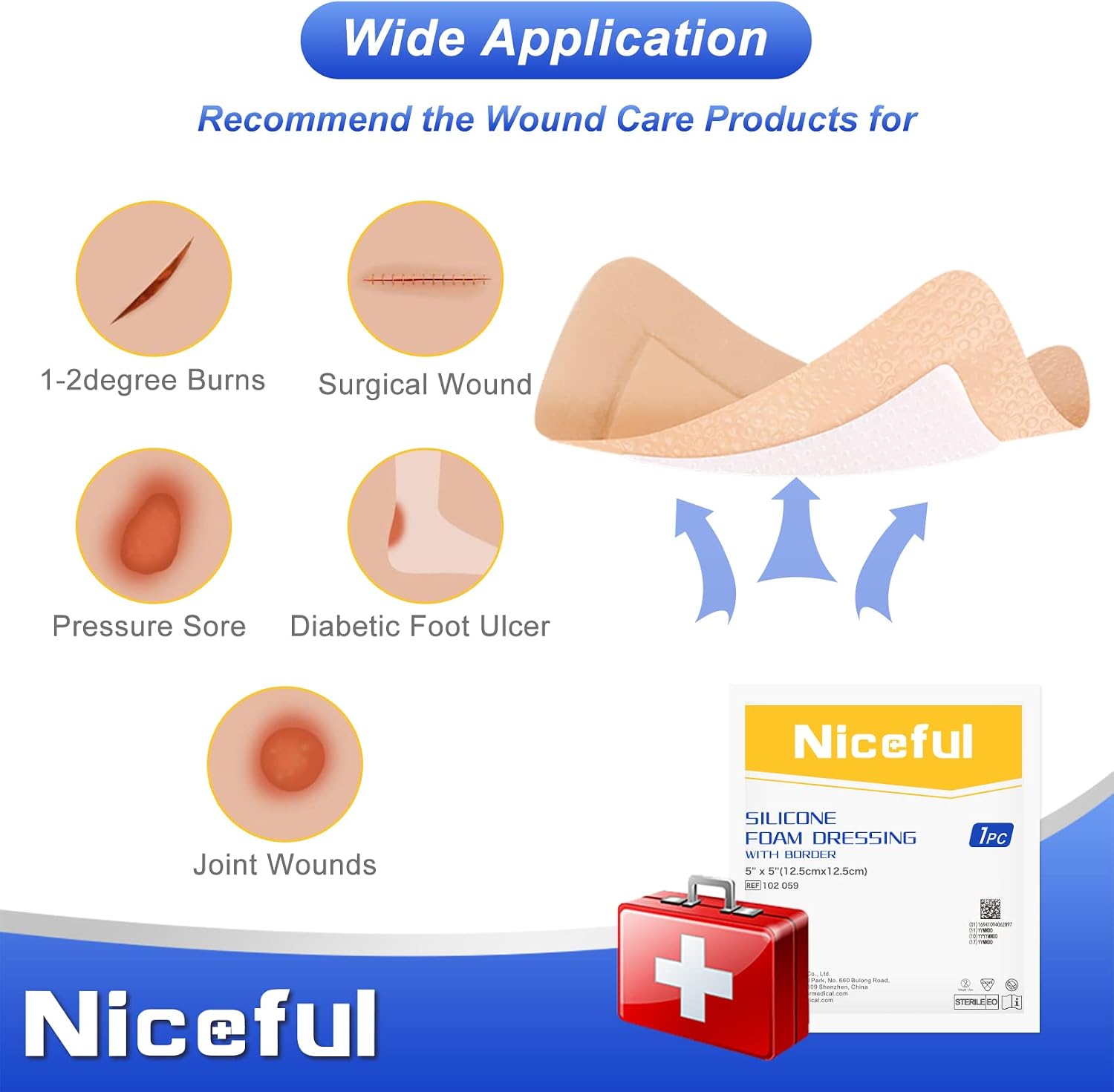 Niceful Silicone Foam Dressing 5“x5 10 Pcs, Gentle for Sensitive Skin | Bordered Silicone Foam, 5-Layer Absorbent Core, Waterproof, Painless Removal, Bed Sores & Diabetic Ulcers, 3"X3" Pad - Image 5