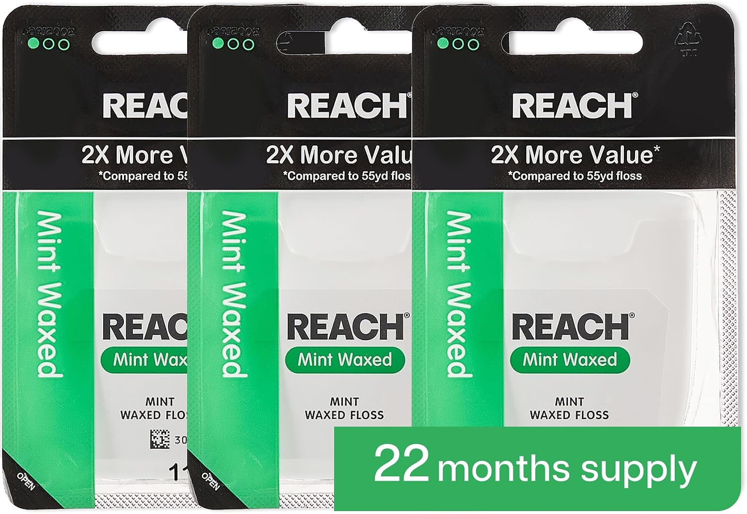REACH Waxed Dental Floss, 2X More Value, Plaque Remover for Teeth, Shred Resistant, Floss Slides Smoothly, Easy to Use, Waxed, for Adults & Kids, Oral Care, PFAS Free, 3 Pack, 115 yd, Mint
