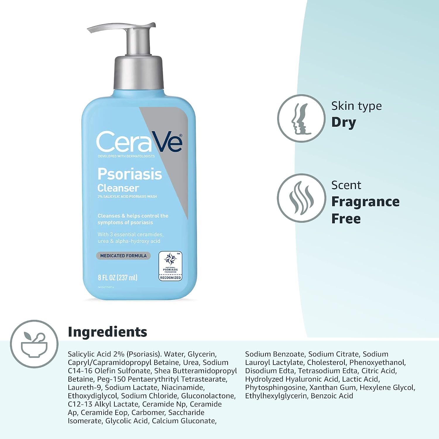 CeraVe Psoriasis Cleanser with Salicylic Acid and Lactic Acid, 8oz | Helps Relieve Dry Skin Itch and Gently Exfoliate with Salicylic Acid & Lactic Acid, Fragrance-Free, Allergy-Tested Body Wash - Image 7