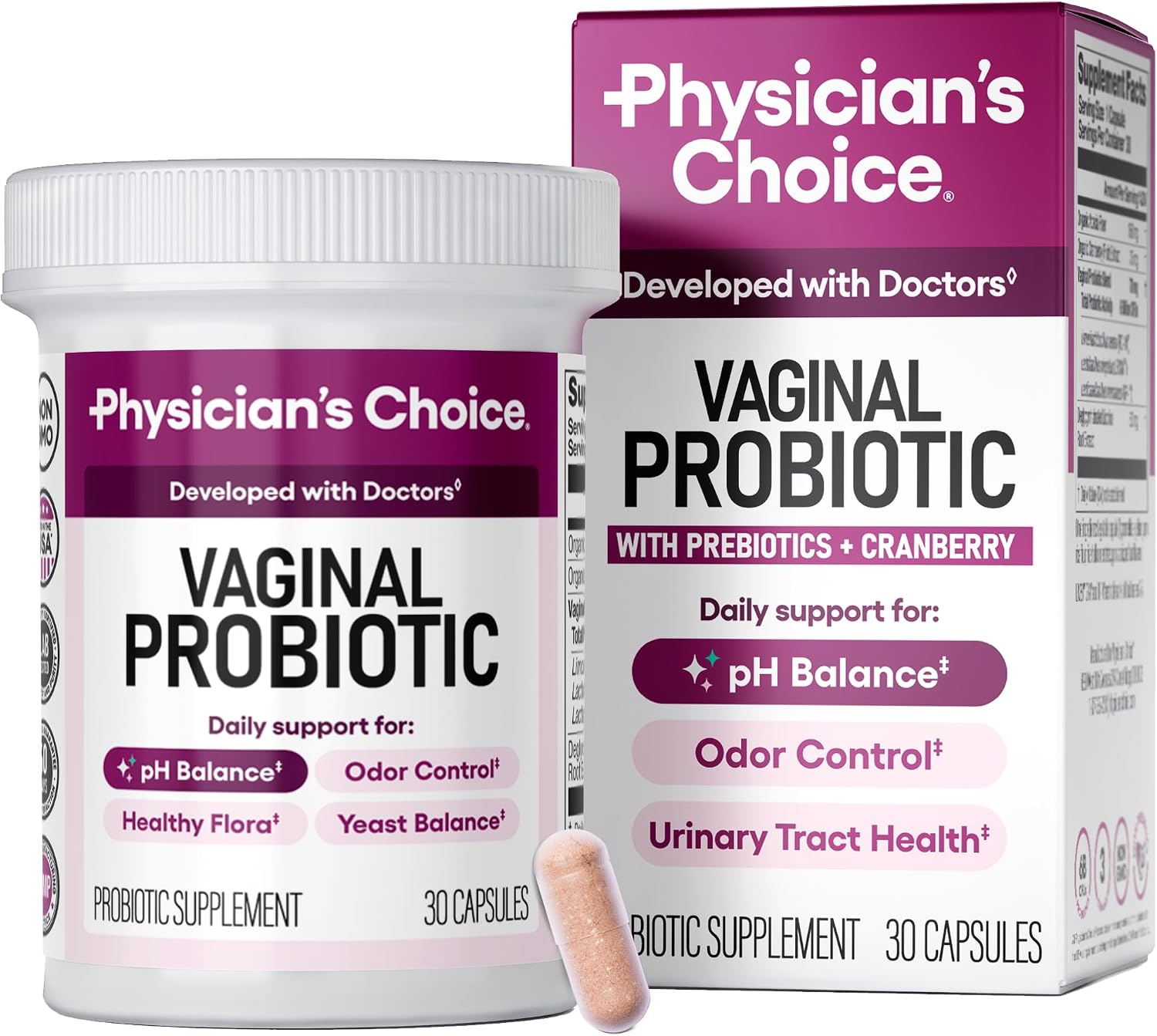 Physician's CHOICE Vaginal Probiotics for Women, pH Balance & Odor, 30ct | Supports Odor Control, Vaginal Flora, Yeast Balance & Feminine Health, 6B CFU, Organic Prebiotics, Cranberry Extract