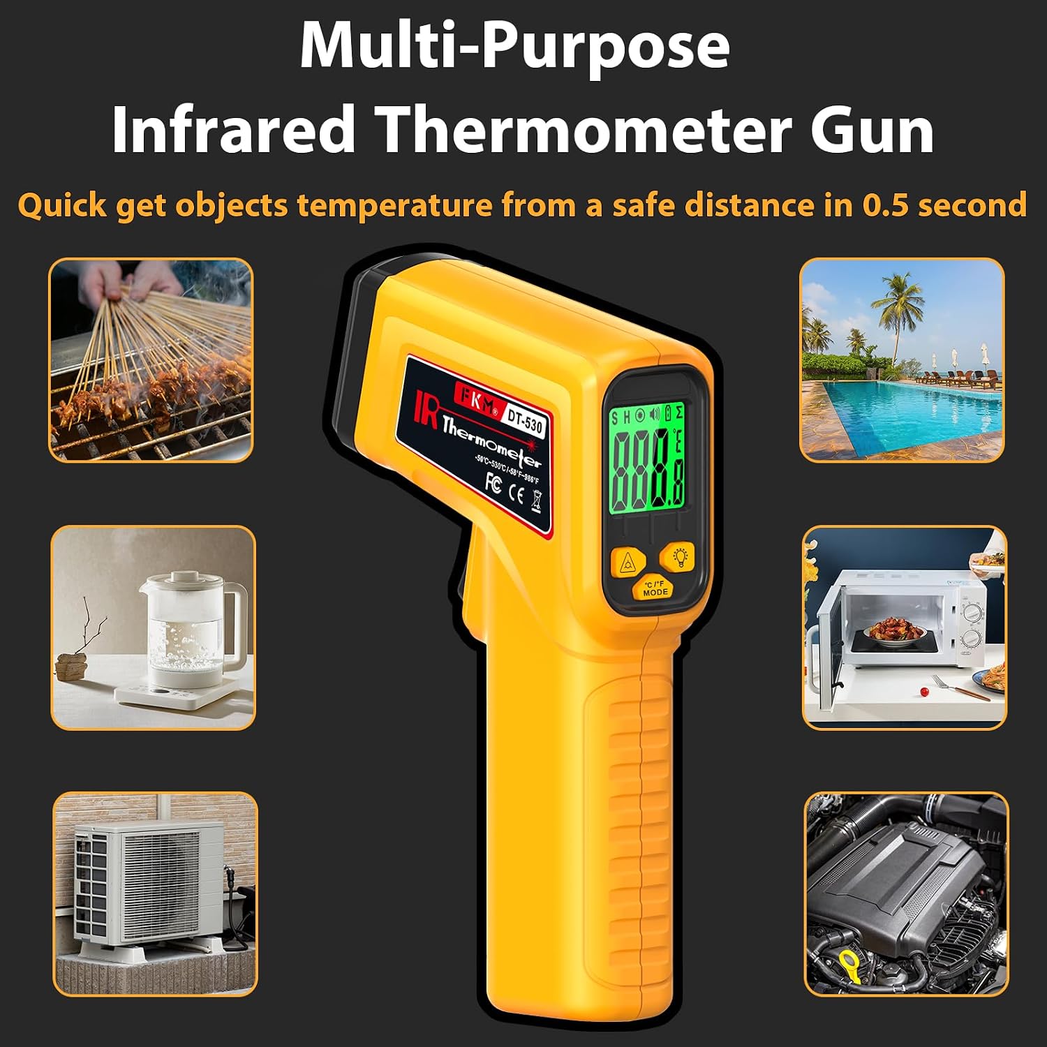 FKM Infrared Thermometer Gun Non-Contact Laser Temperature Gun -58°F~986°F | (-50°C~530°C) Adjustable Emissivity,Digital Thermometer Gun for Cooking,Oven,Griddle,Automotive,HVAC,Industrial,Not for Human - Image 5