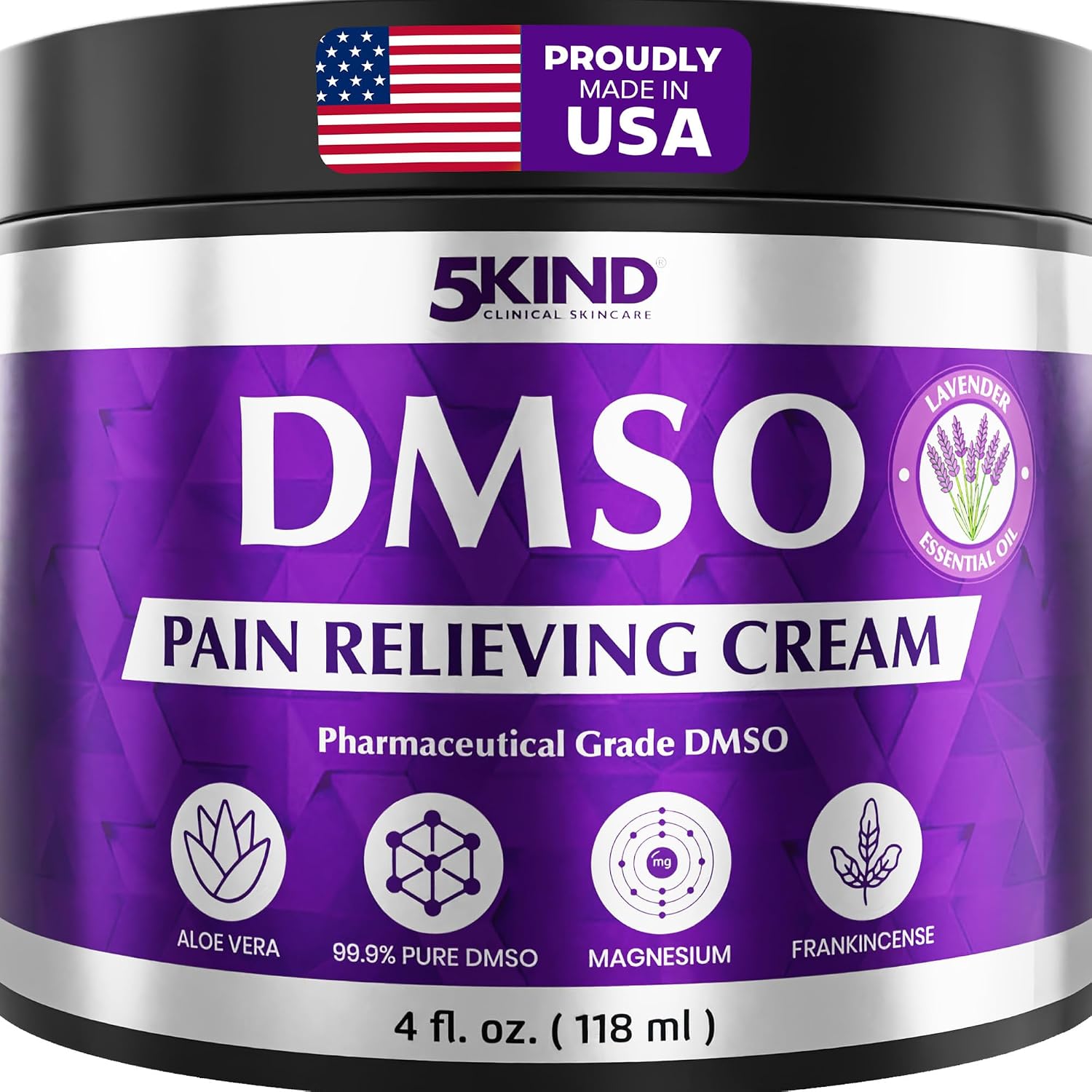 5Kind DMSO Cream for Pain Relief with Frankincense & Lavender 4 fl oz - 99.9% Pure DMSO Pharmaceutical Grade Cream - Aloe Vera, Magnesium & Arnica - Topical Muscle and Joint Pain Relief - Made in USA