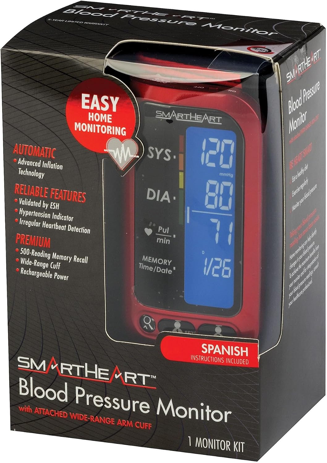 Smartheart Adult Cuff Arm Home Automatic Digital Blood Pressure Monitor 1-Tube Black 1 Each | Digital BP Machine with Attached Cuff, Advanced Inflation & 500 Memory