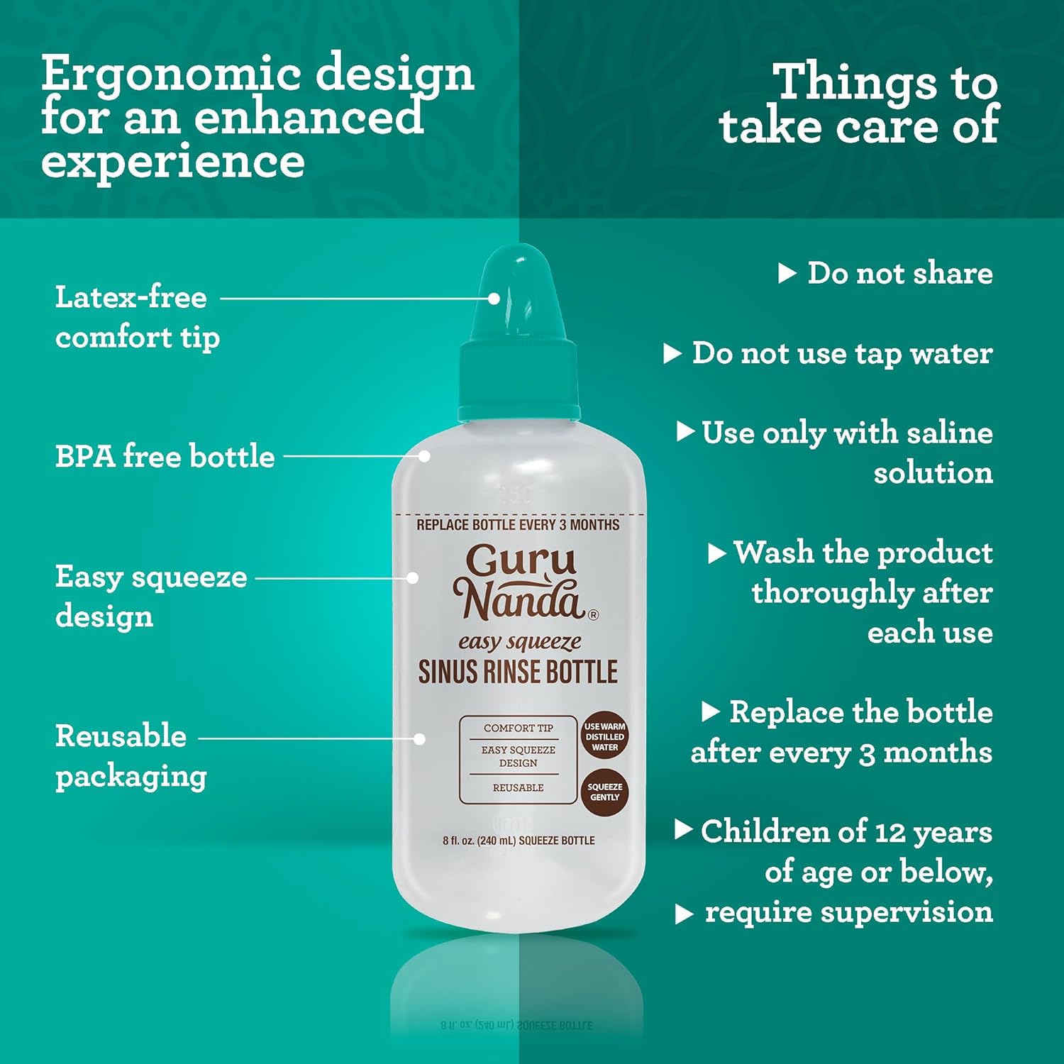 GuruNanda Sinus Rinse Bottle - Comfort Tip for Natural Nasal Irrigator Relief for Adults & Kids - 240ml Capacity - Image 3