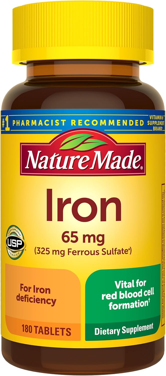 Nature Made Iron 65 mg (325 mg Ferrous Sulfate) Tablets, 180 Tablets | Iron Supplements for Men and Women with an Iron Deficiency, Dietary Supplement for Red Blood Cell Support, 180 Day Supply